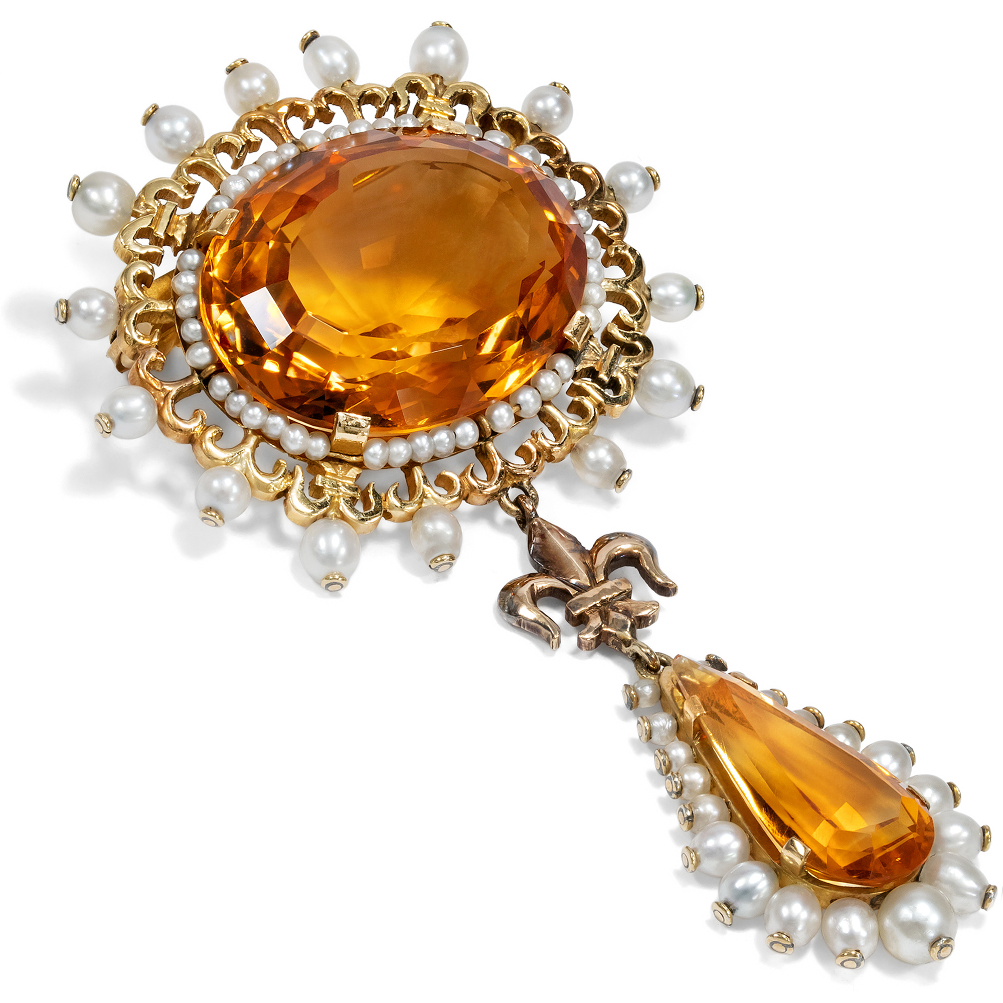 Unusual Citrine and Natural Pearl Brooch in Gold, c. 1910