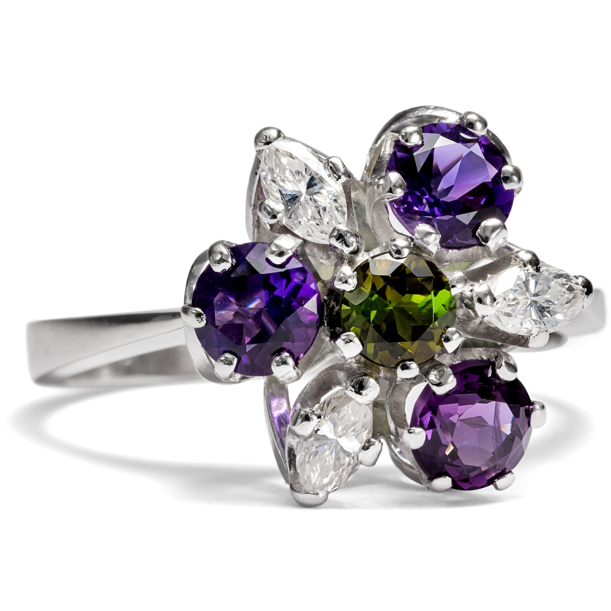 Vintage Ring in den Farben der Suffragettenbewegung mit Turmalin, Amethyst & Diamanten, Wien um 1970