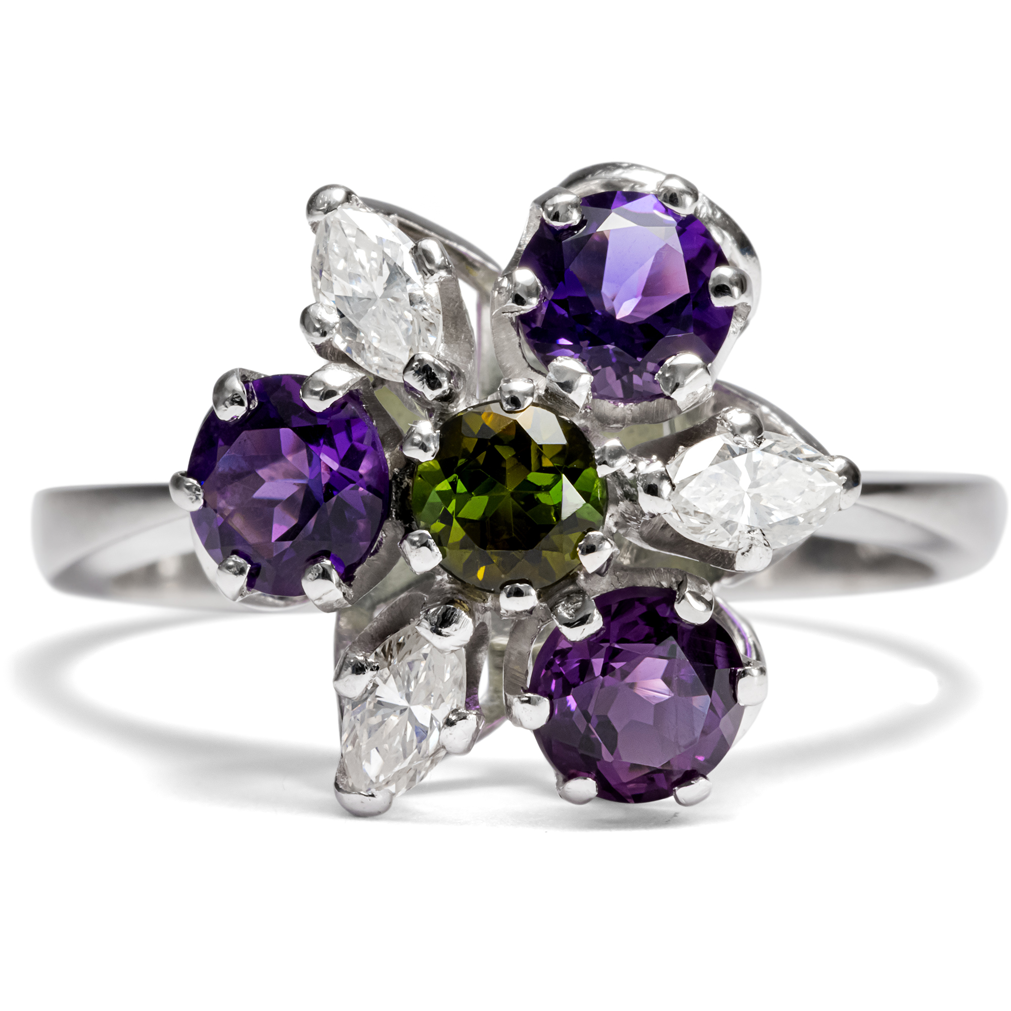 Vintage Ring in den Farben der Suffragettenbewegung mit Turmalin, Amethyst & Diamanten, Wien um 1970