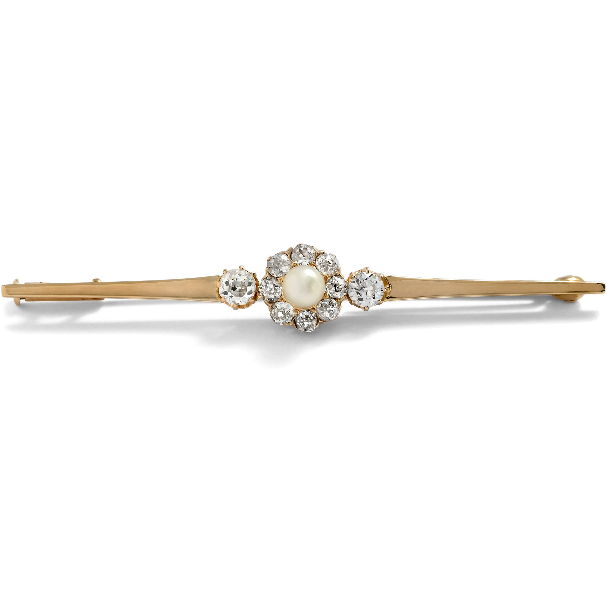 Antique Gold Bar Brooch with Diamonds & Pearl, c. 1905