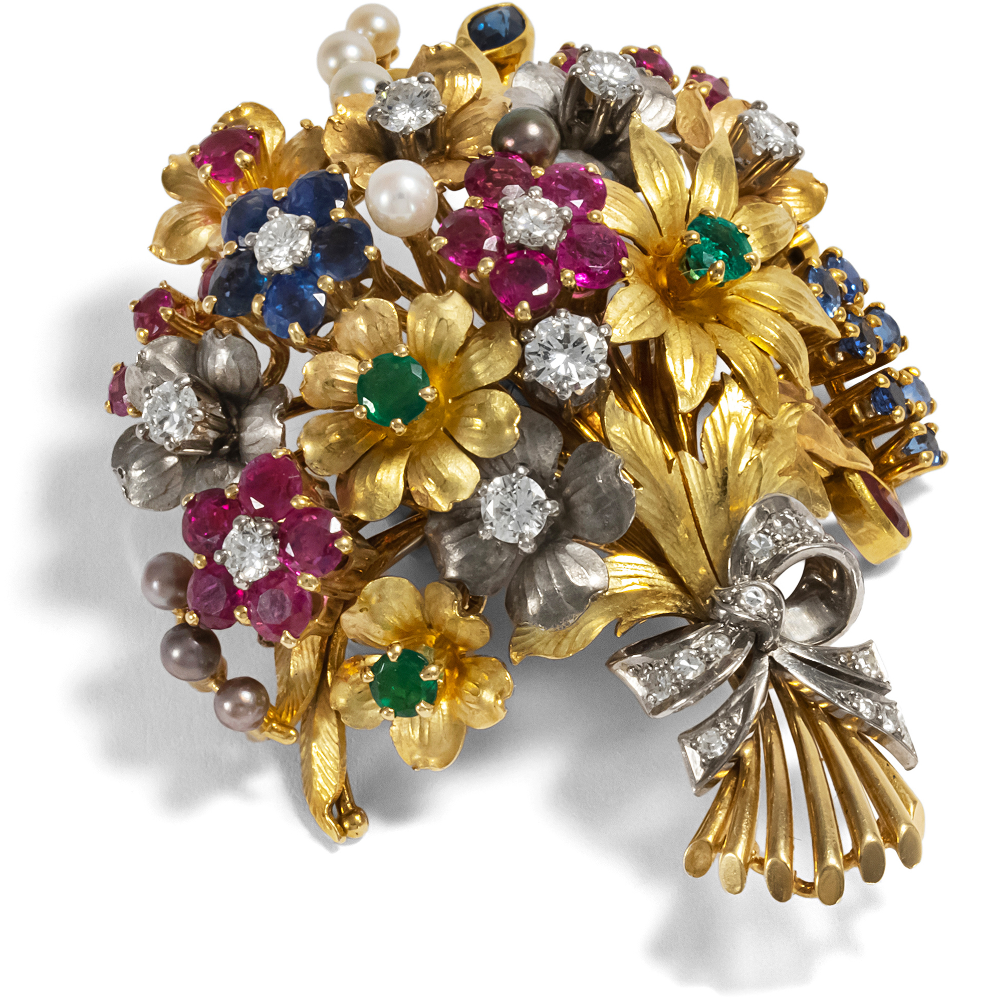 Vintage Brooch with Colourful Stones, Pearls & Diamonds in Gold, 1950s