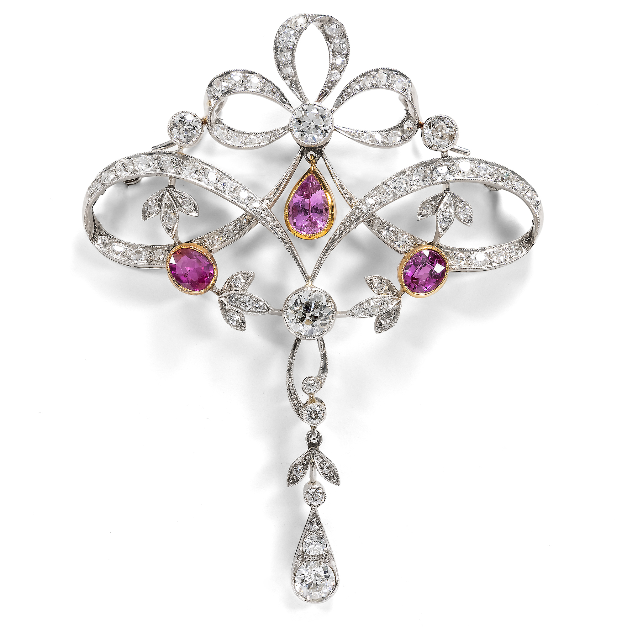 Antique Pendant Brooch With Pink Sapphires & Diamonds In Platinum, Circa 1905