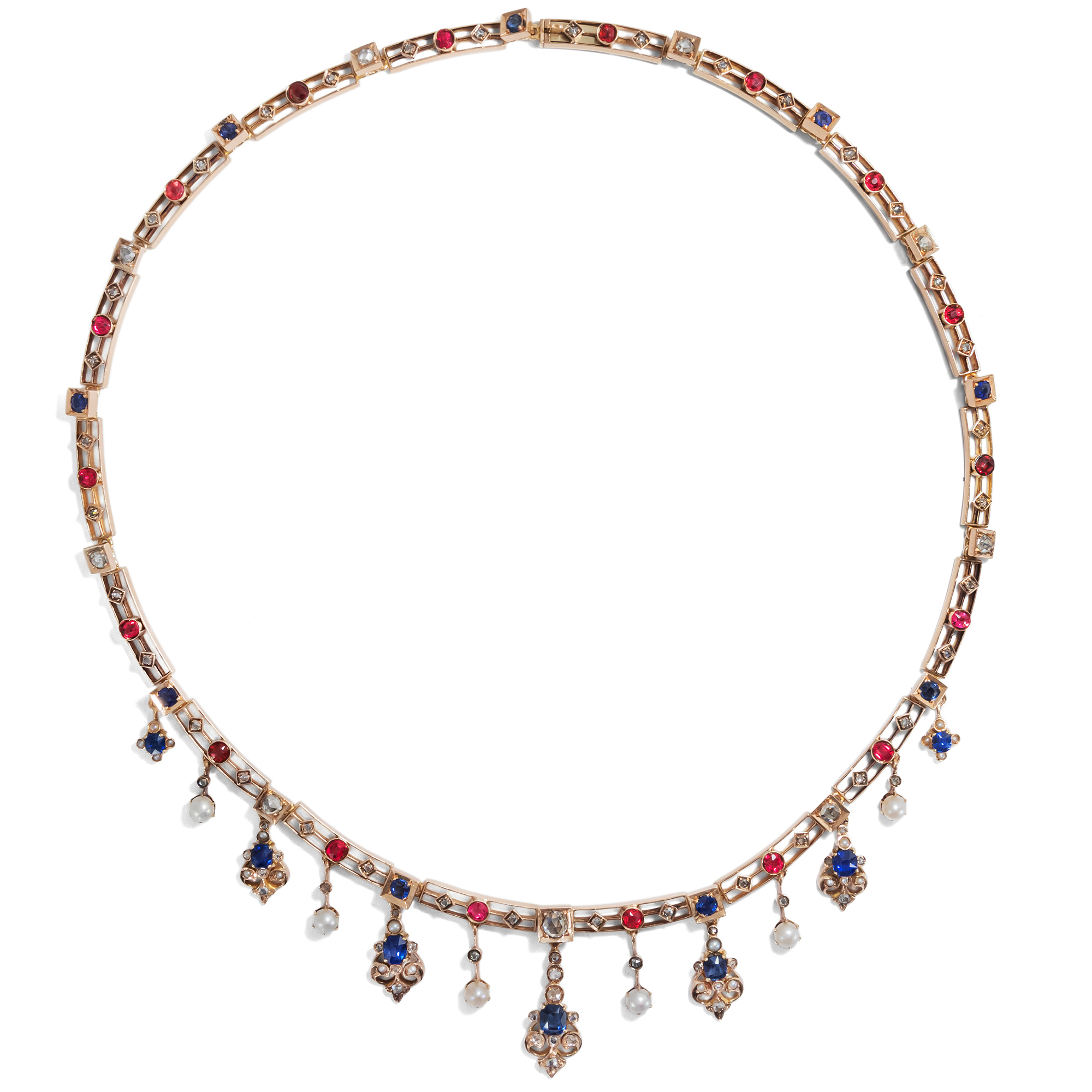 Antique Necklace with Sapphires, Spinels, Diamonds & Natural Pearls, 1880s