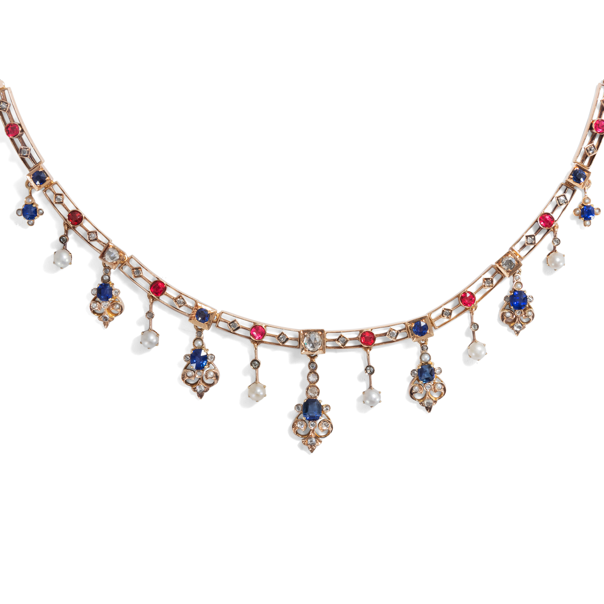 Antique Necklace with Sapphires, Spinels, Diamonds & Natural Pearls, 1880s