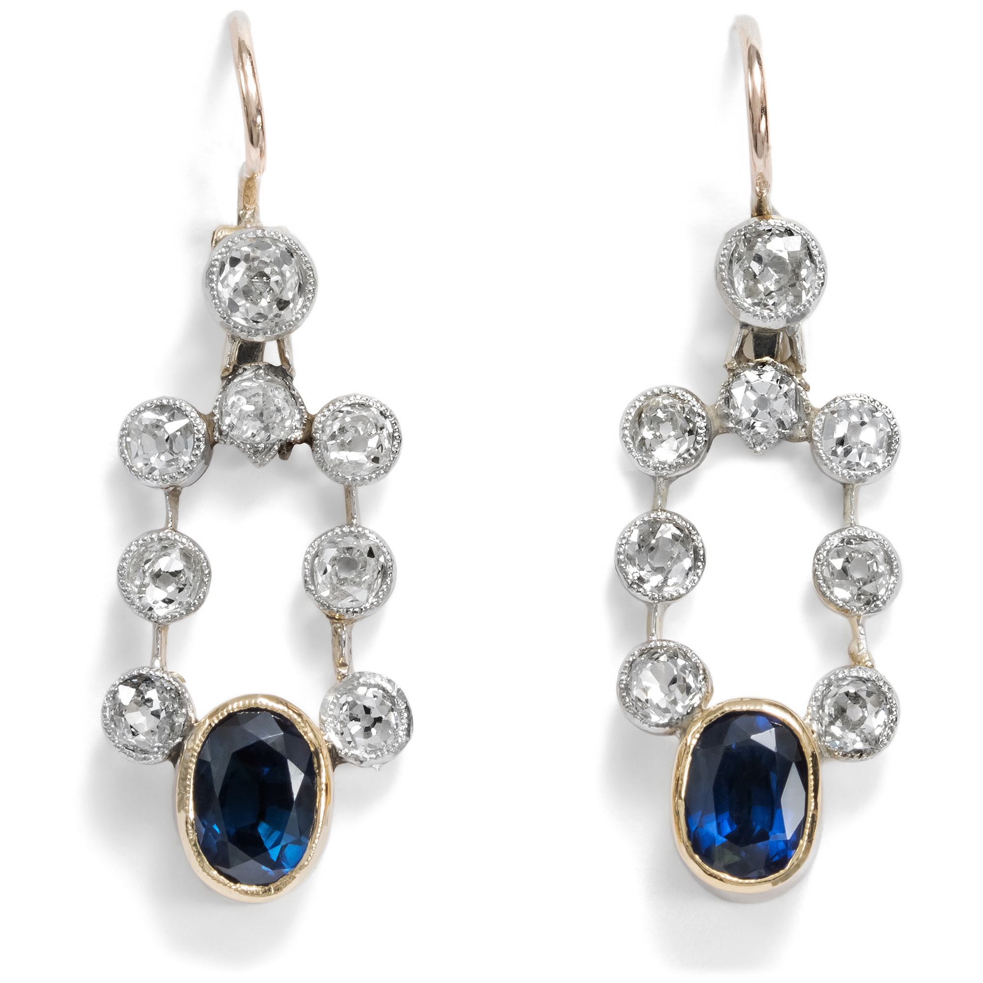 Earrings made from antique elements with diamonds & sapphires, circa 1910 & later