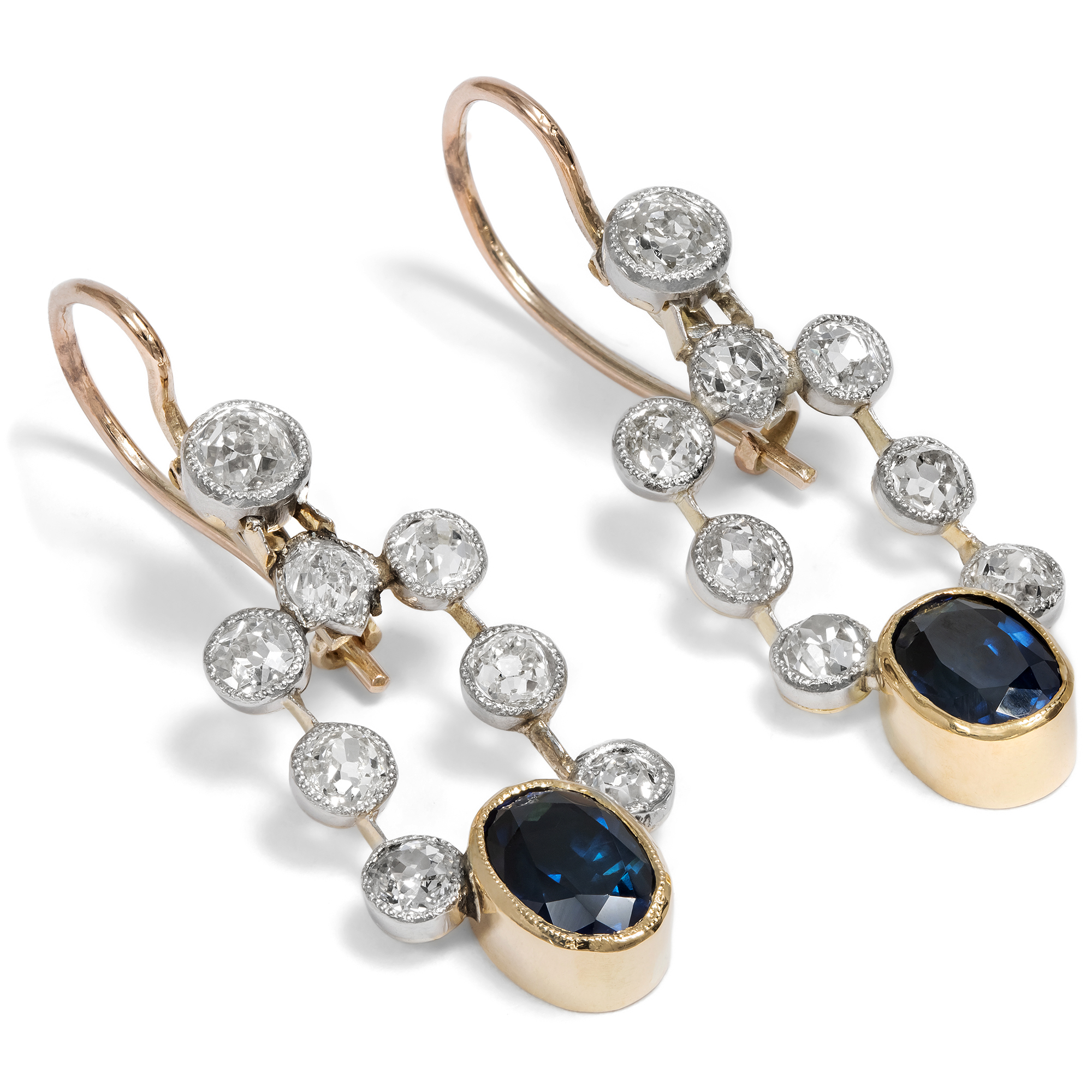 Earrings made from antique elements with diamonds & sapphires, circa 1910 & later