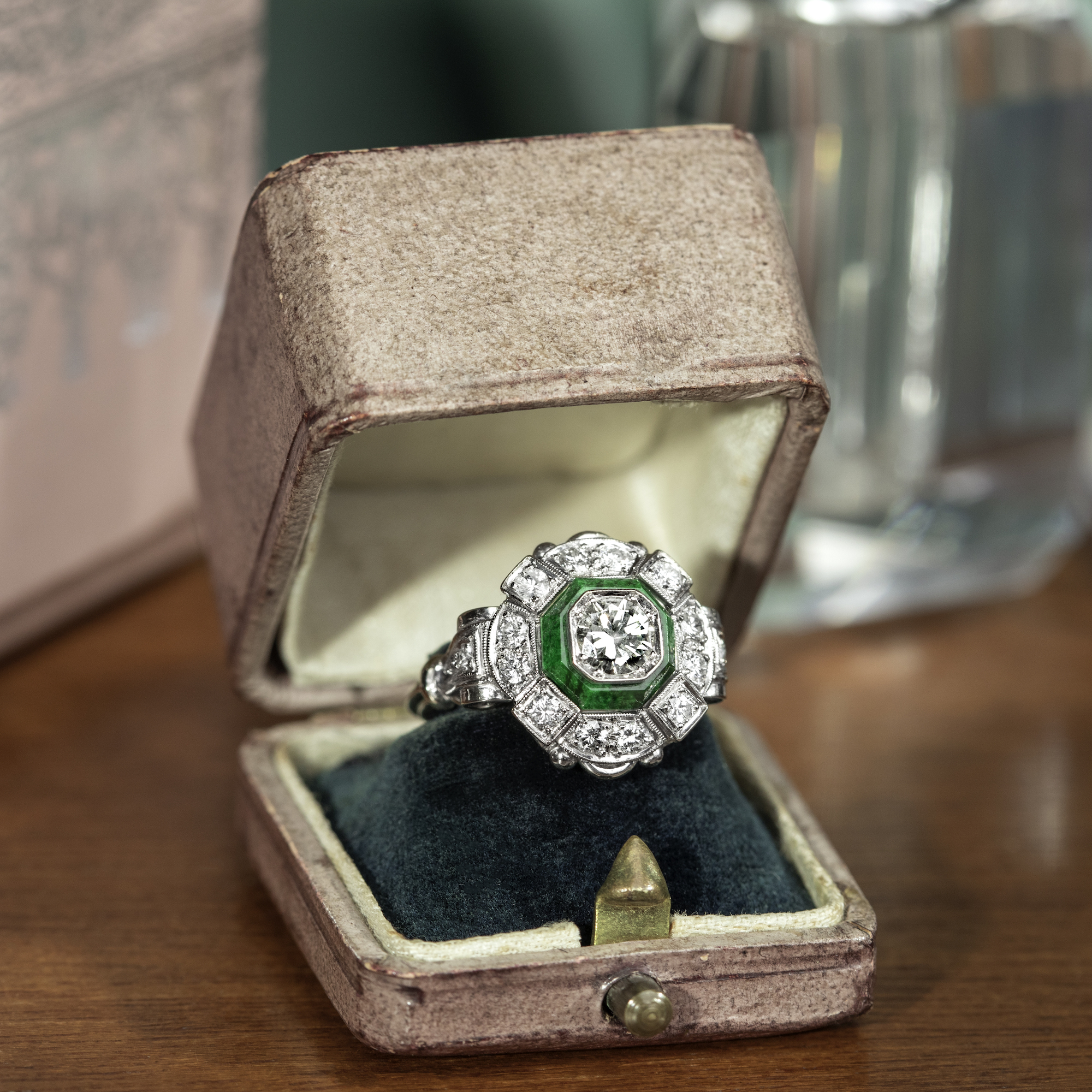 Unusual Ring with Diamonds & Jadeite in White Gold, circa 1940