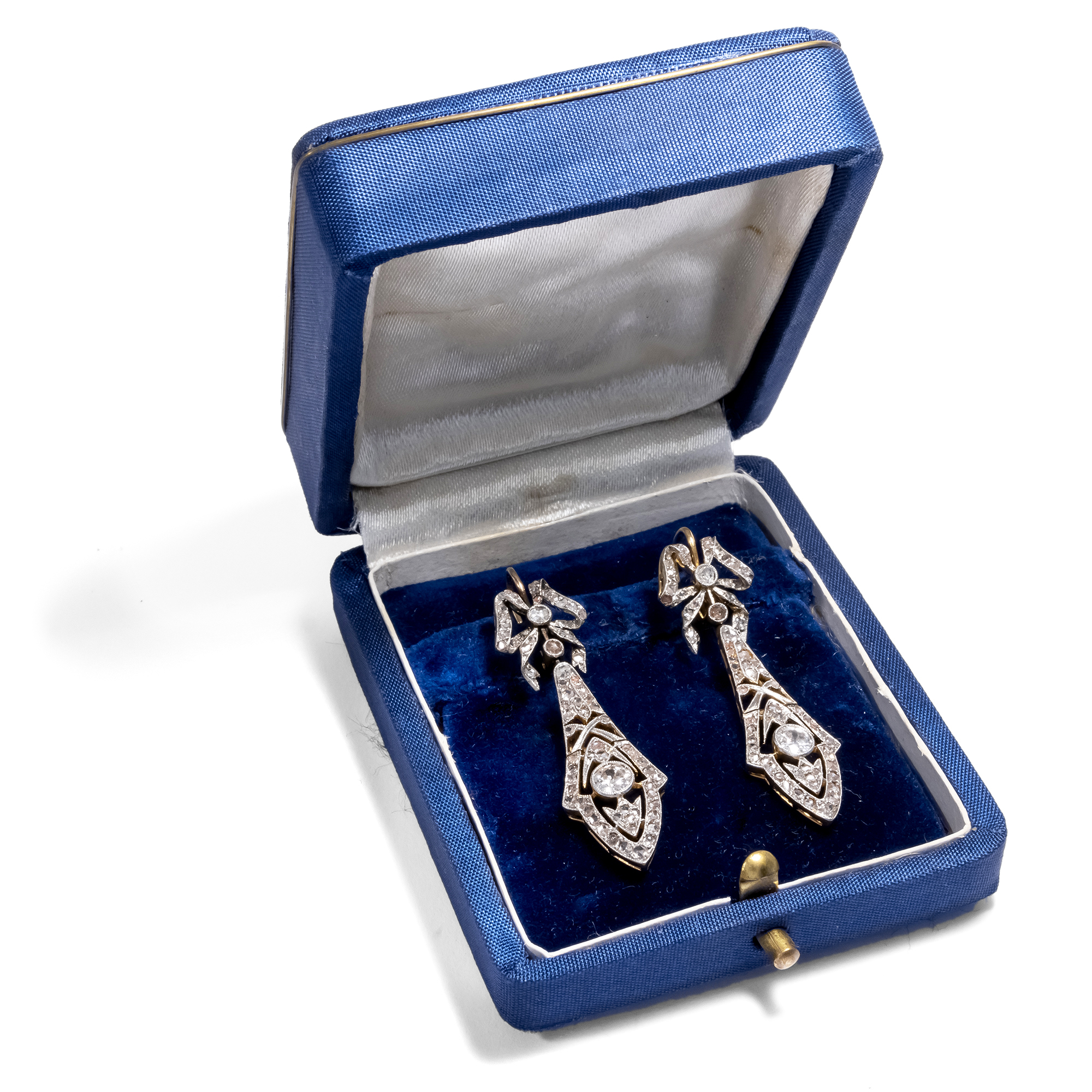 Long Belle Époque Earrings with Diamonds in Platinum on Gold, c. 1910