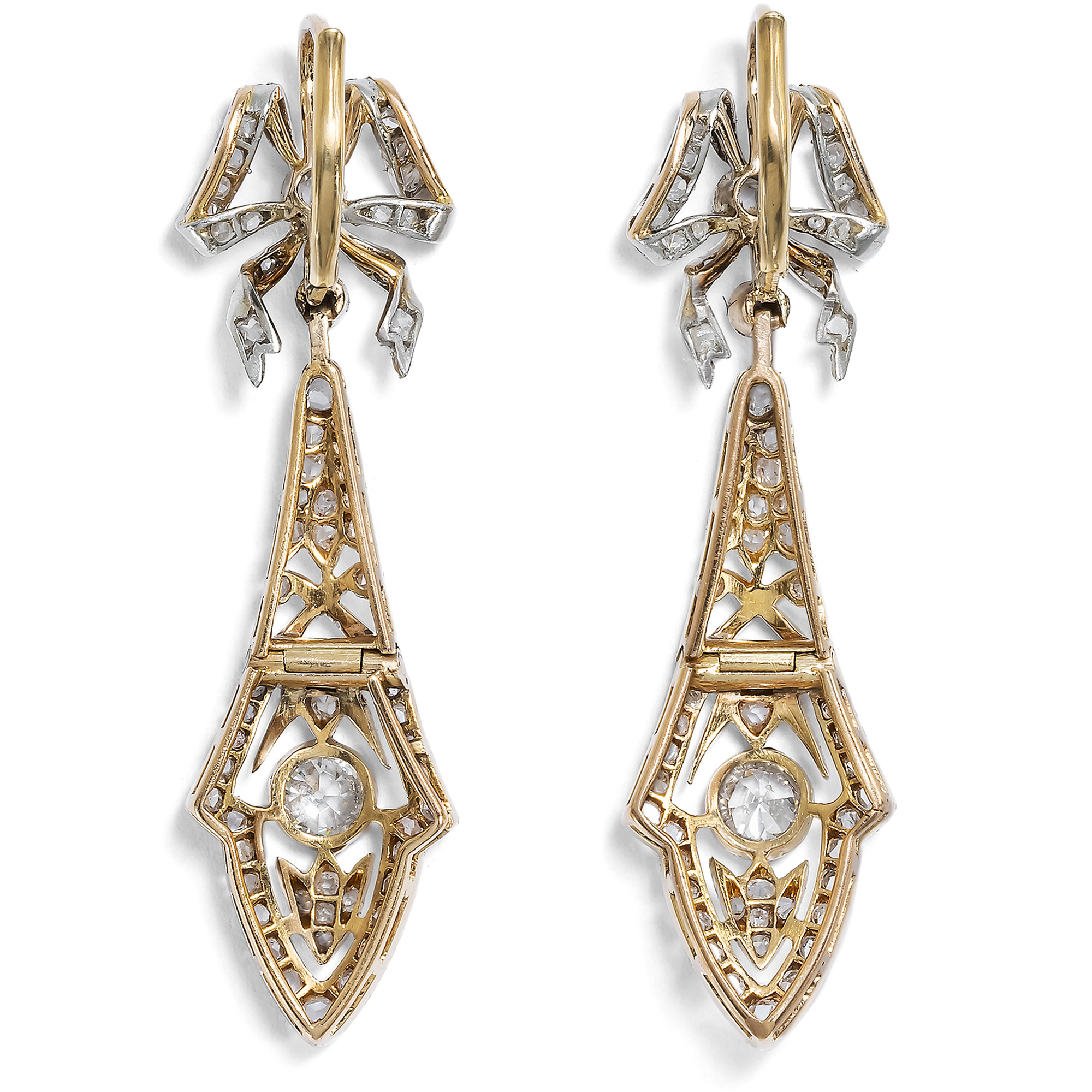 Long Belle Époque Earrings with Diamonds in Platinum on Gold, c. 1910