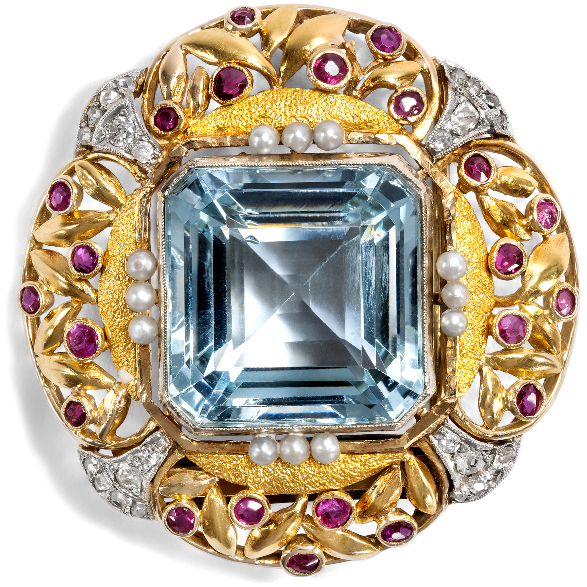 Fleur de Paris • Glamorous Retro Clip with Diamond & Burma Rubies in Gold,  Paris, 1940s • Hofer Antikschmuck