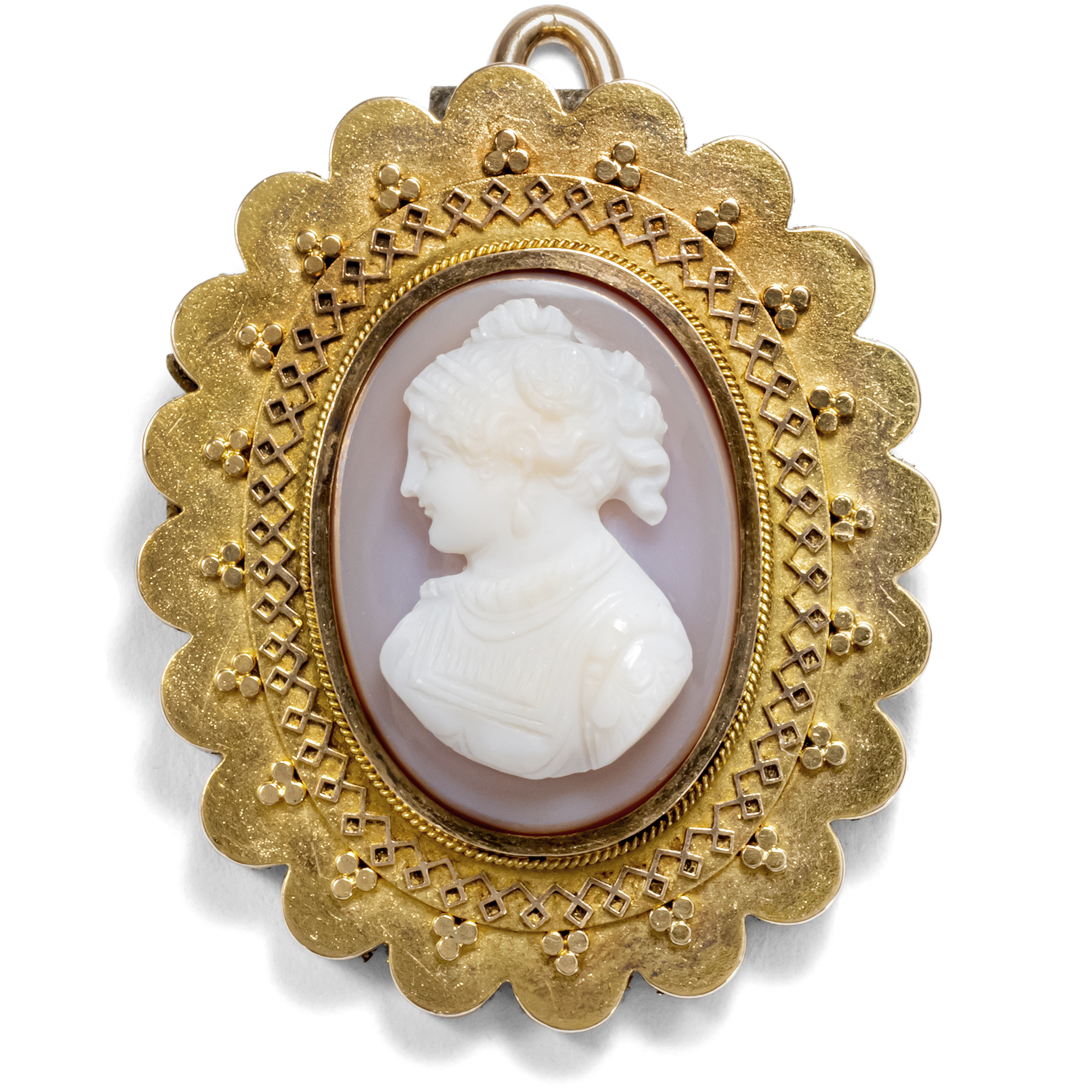 Antique Pendant/Brooch With Hardstone Comeo In Gold, Historism Around 1880