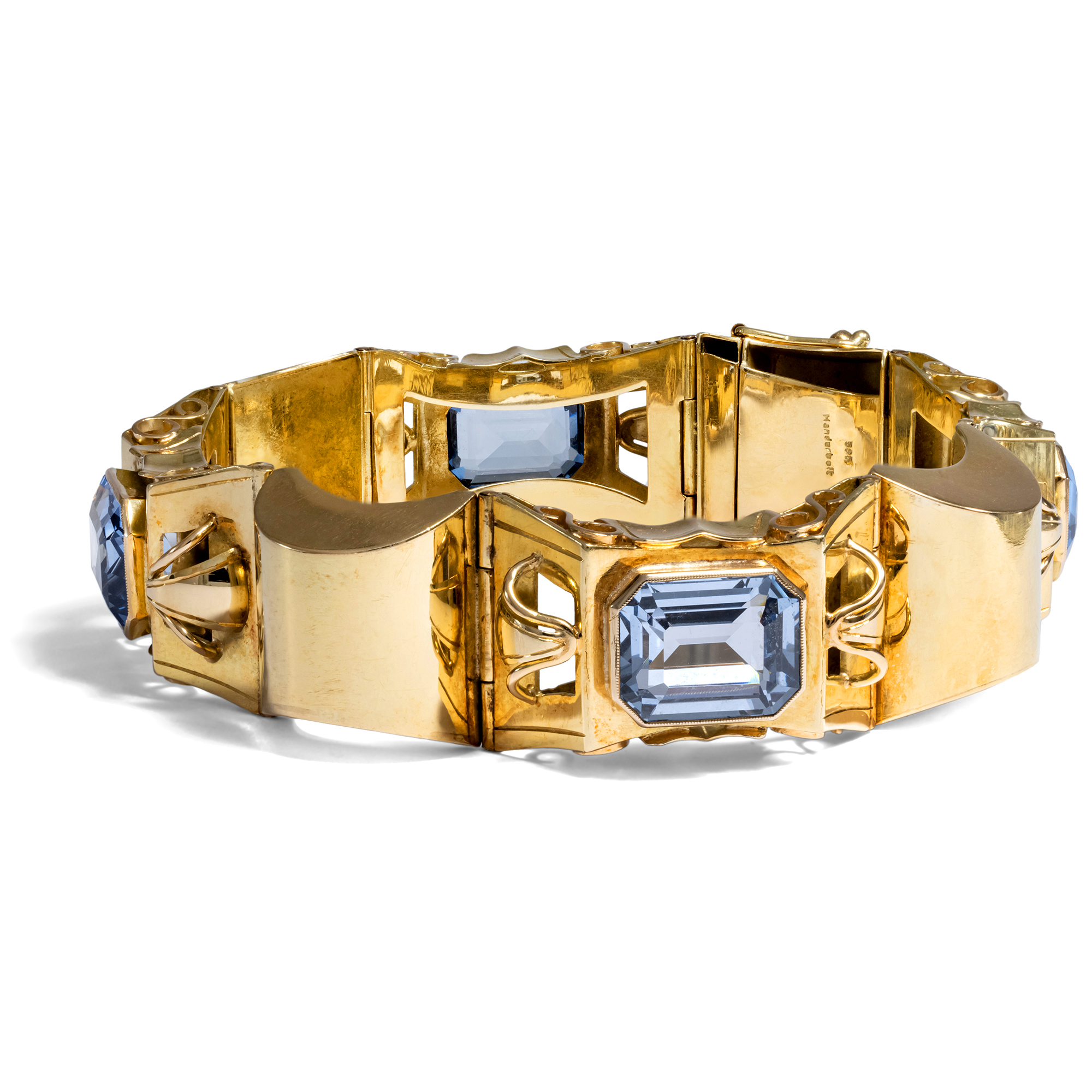 Expressives Armband im „Retro Style“ mit blauen Spinellen in Gold, 1930er Jahre