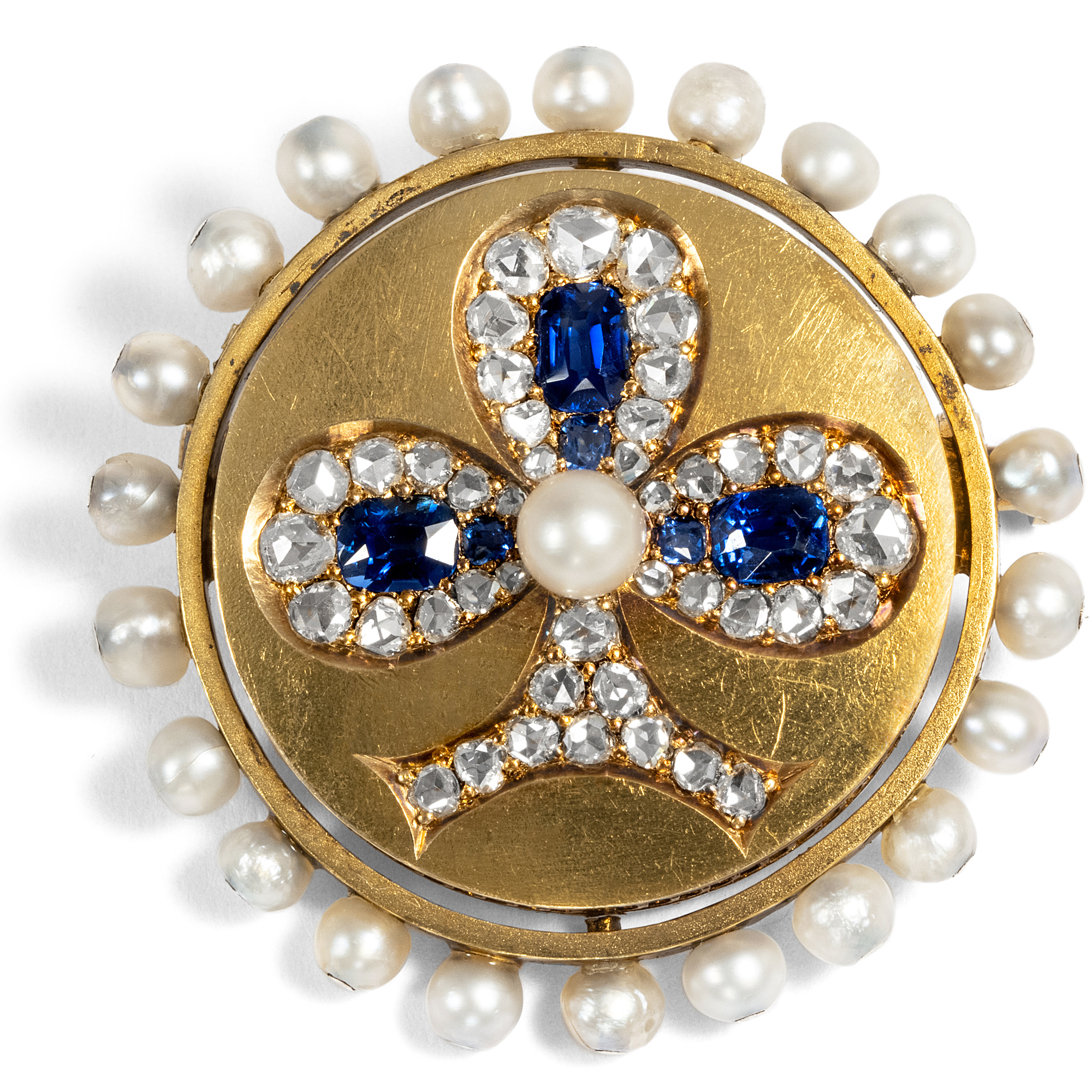 Exquisite Antique Brooch With Sapphires, Diamonds & Natural Pearls In Gold, Circa 1875