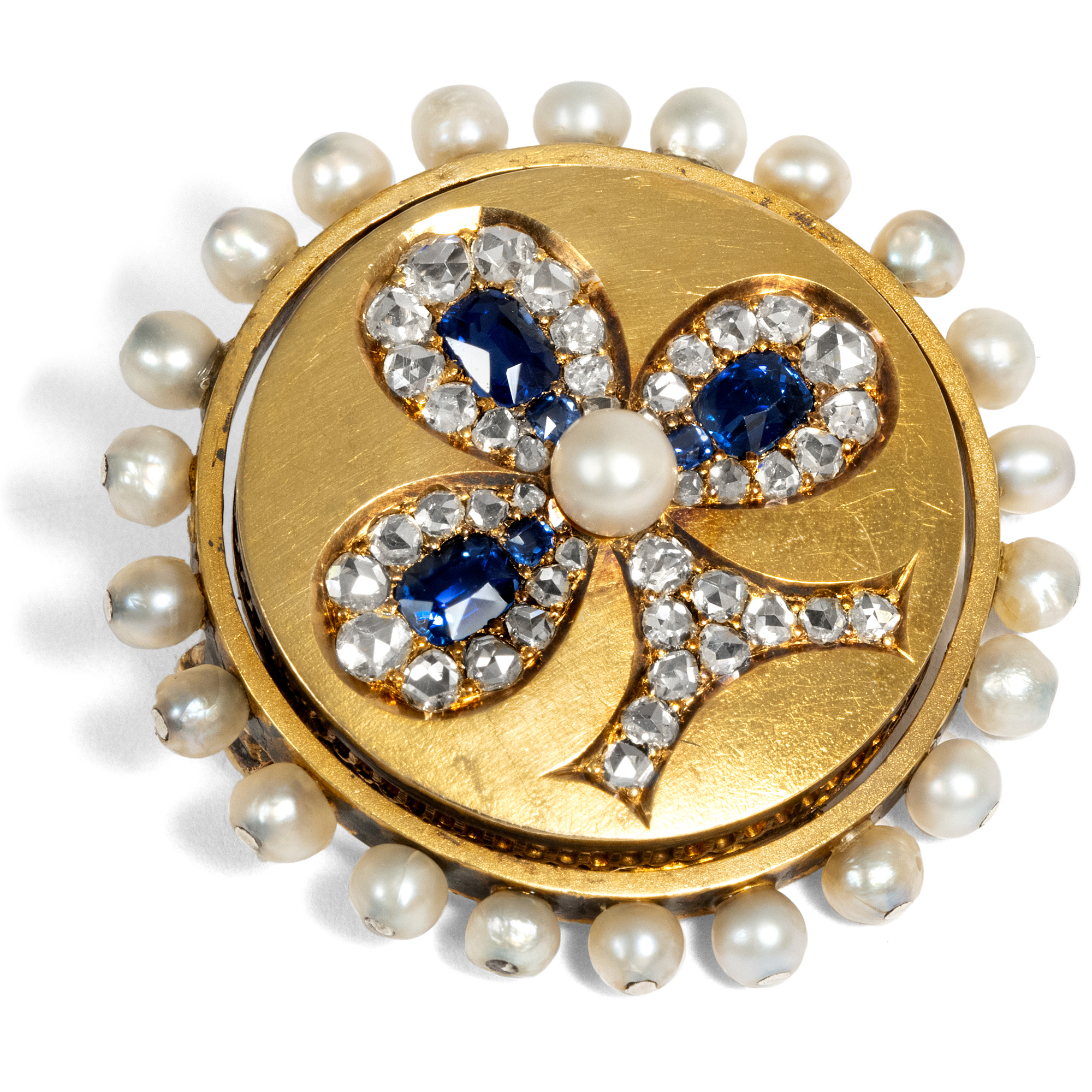 Exquisite Antique Brooch With Sapphires, Diamonds & Natural Pearls In Gold, Circa 1875