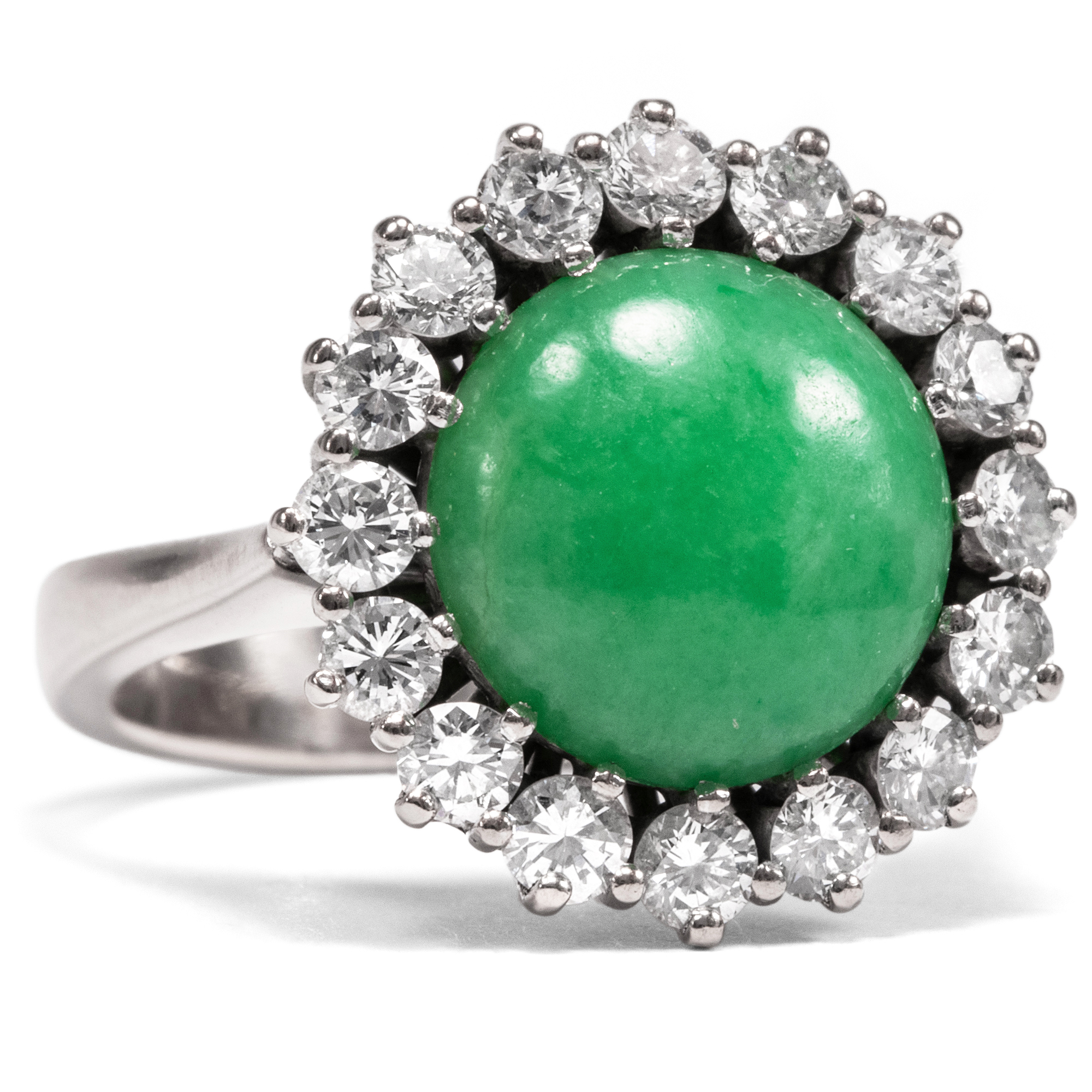 Fine Vintage Cluster Ring with Genuine Jade & Diamonds in White Gold, circa 1965