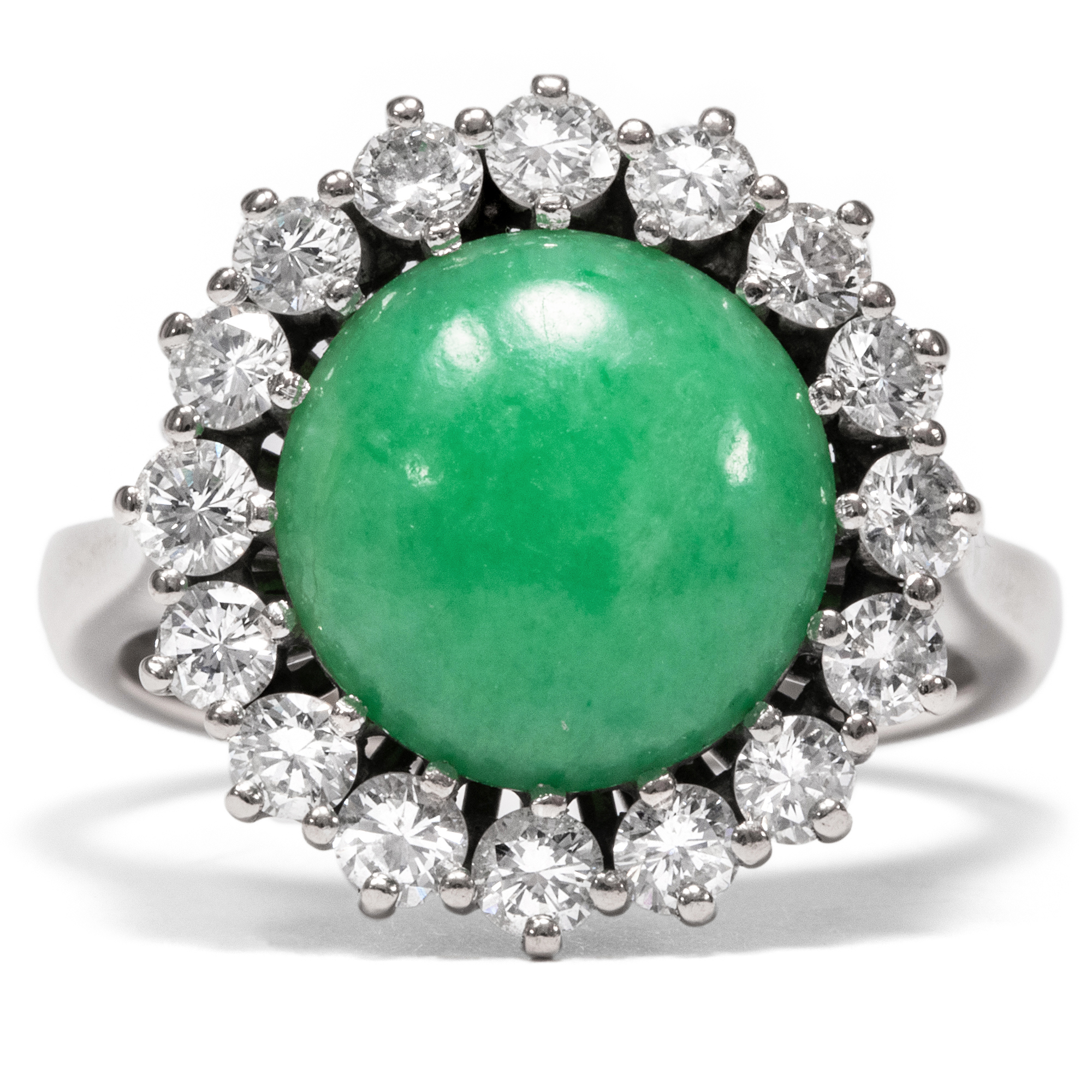 Fine Vintage Cluster Ring with Genuine Jade & Diamonds in White Gold, circa 1965