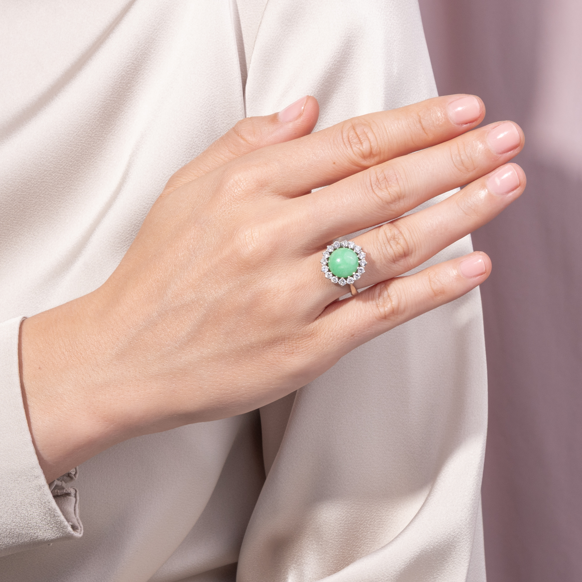 Fine Vintage Ring with Jade & Diamonds in White Gold, circa 1965 Fine Vintage Ring with Jade & Diamonds in White Gold, circa 1965
