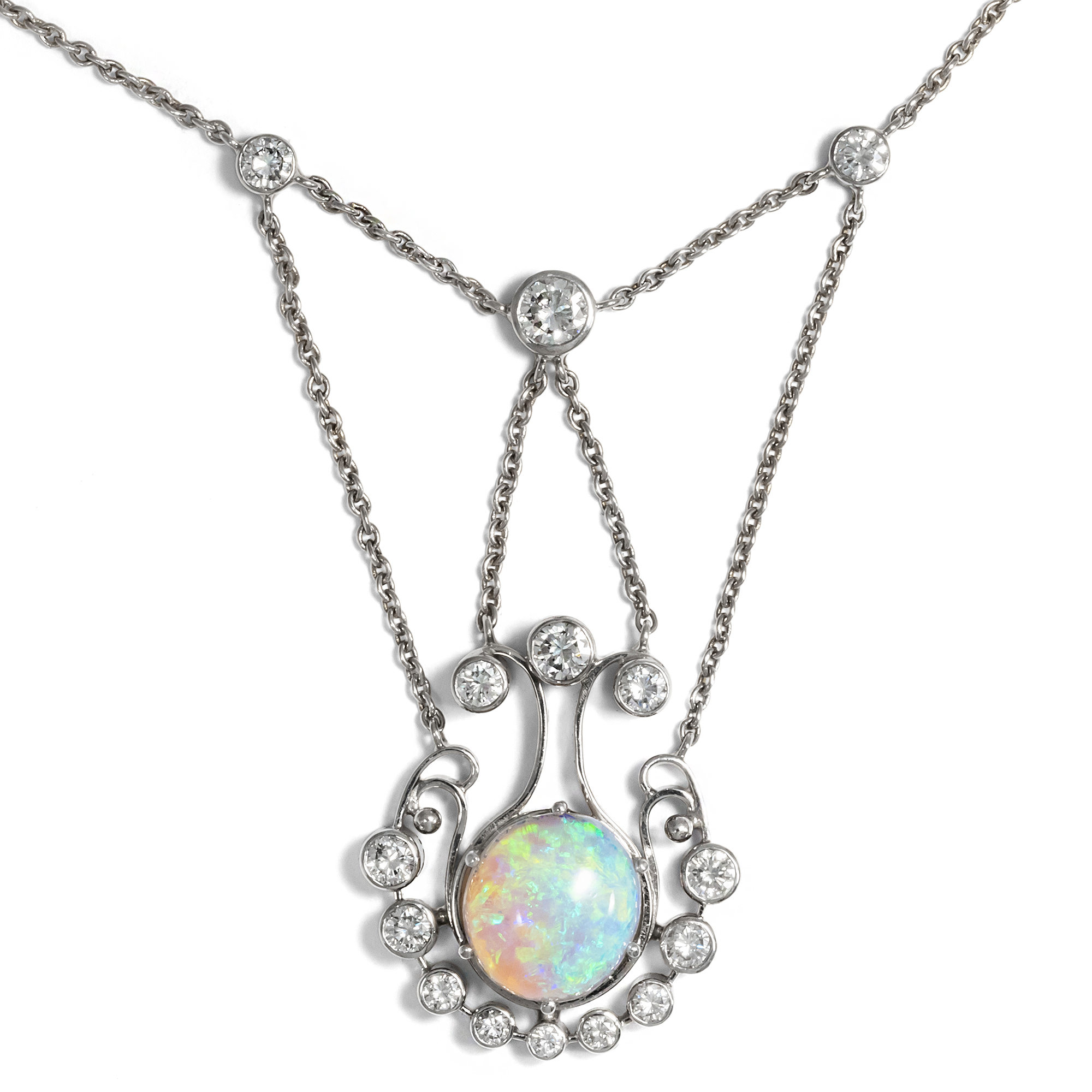 Exquisite White Gold Necklace with Opal & Diamonds, ca. 1990