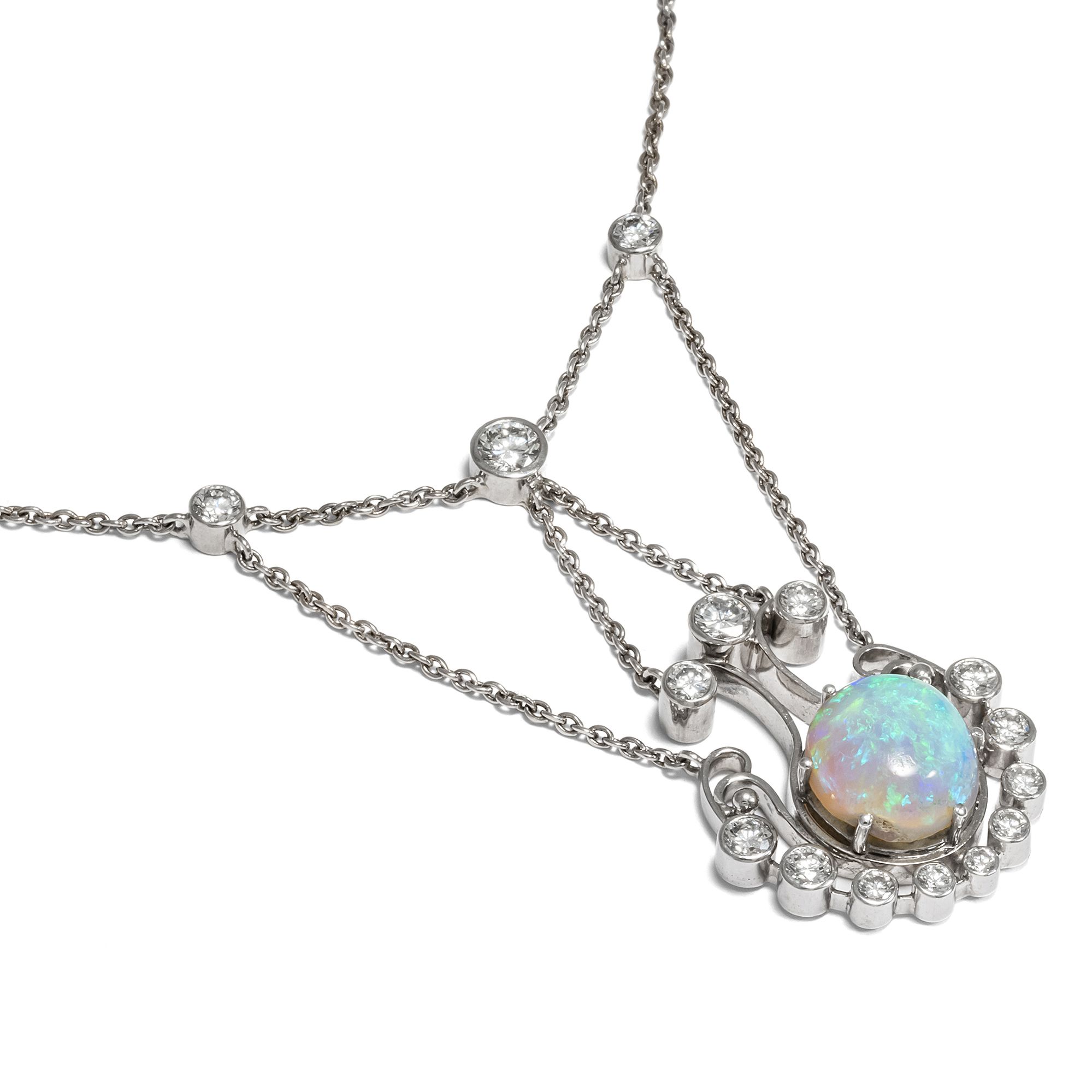 Exquisite White Gold Necklace with Opal & Diamonds, ca. 1990