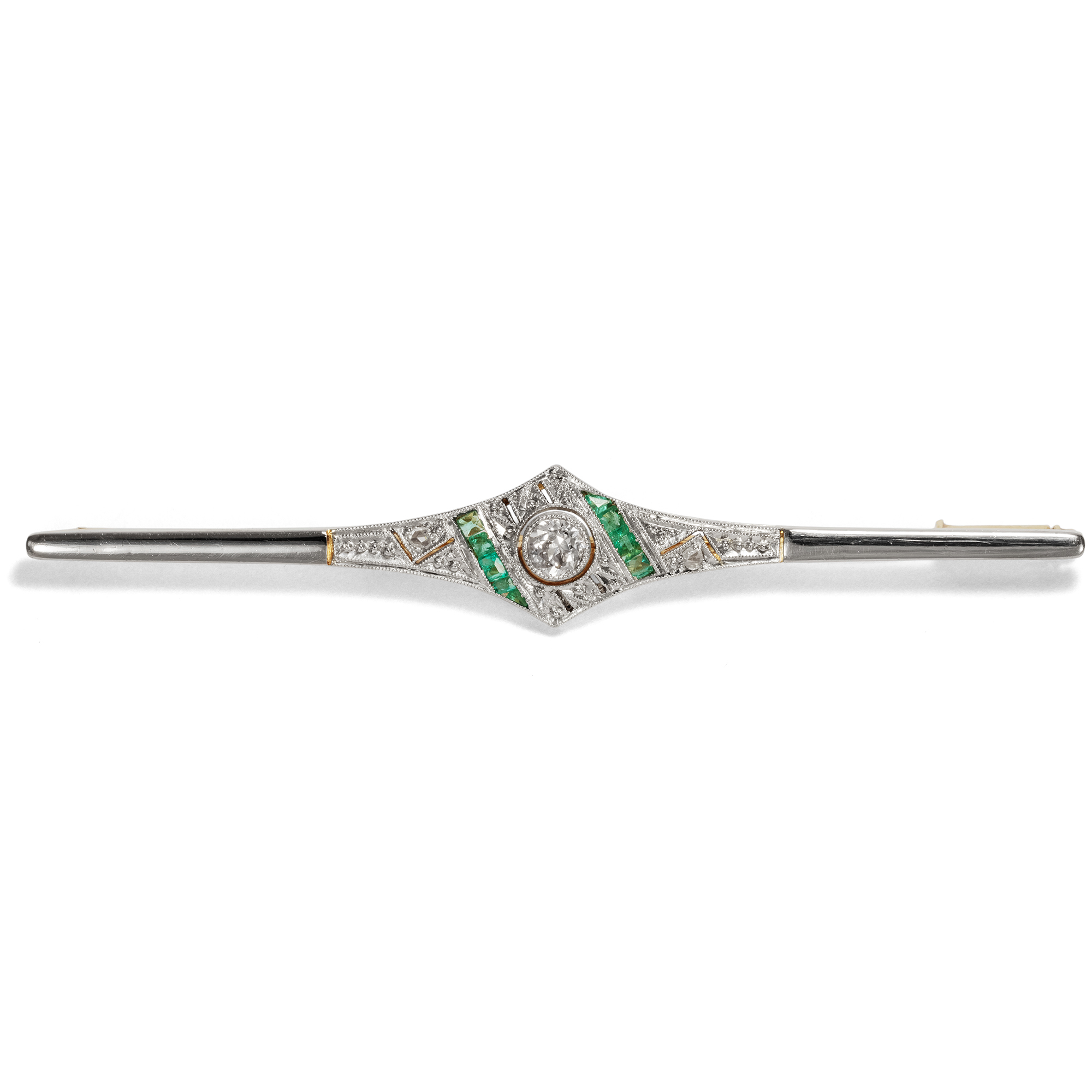 Elegant Art Deco Bar Brooch With Emeralds & Diamonds In Platinum, Around 1920