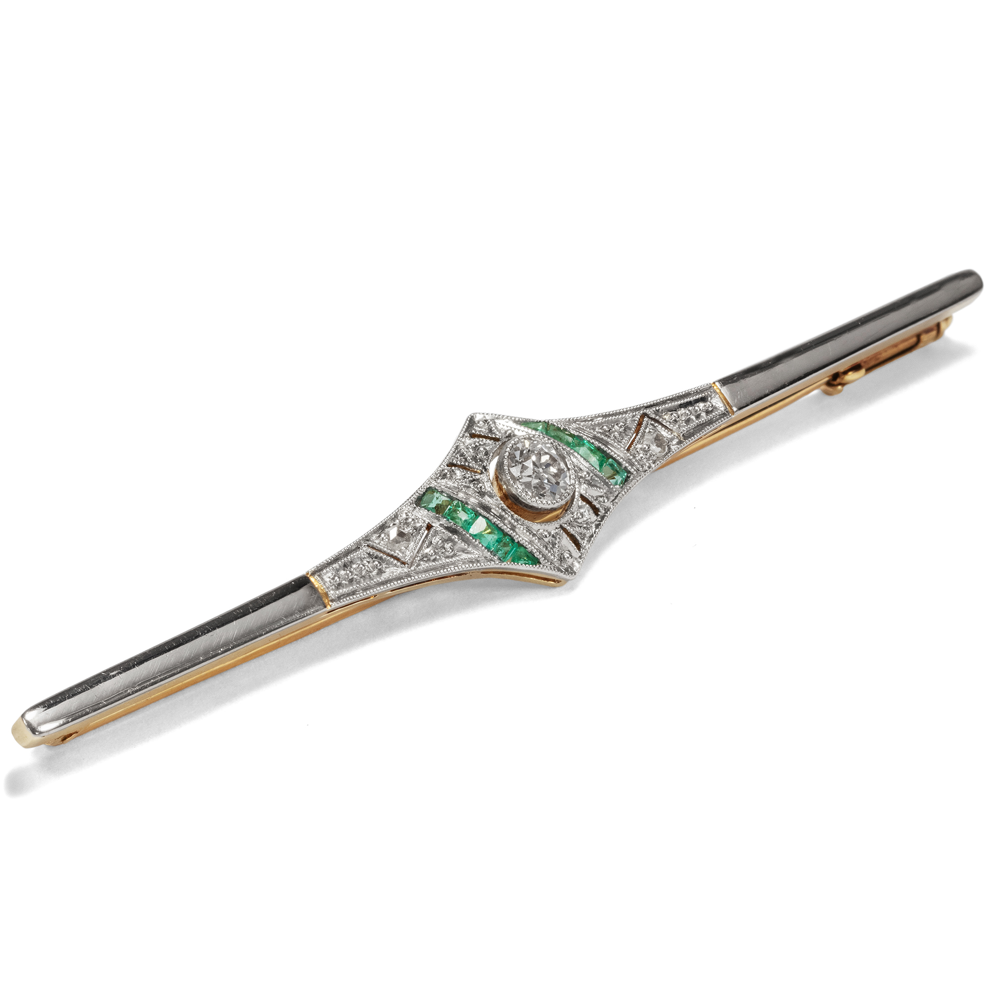 Elegant Art Deco Bar Brooch With Emeralds & Diamonds In Platinum, Around 1920