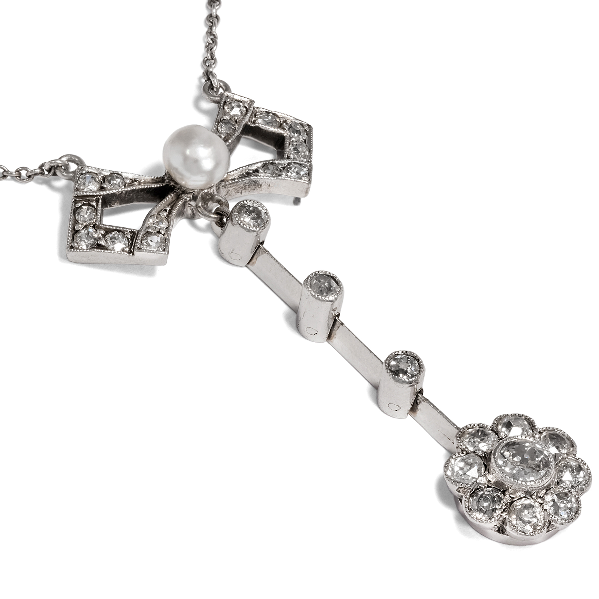 Antikes Belle Époque Collier mit Altschliff-Diamanten & Naturperle, um 1910 Antikes Belle Époque Collier mit Altschliff-Diamanten & Naturperle, um 1910