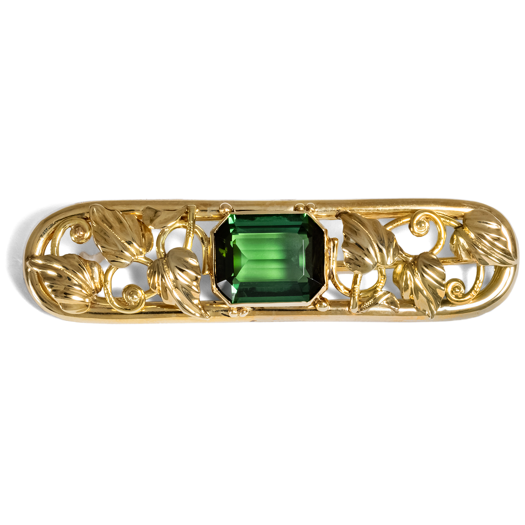 Elegant "Vegetable Brooch" With Tourmaline in Yellow Gold, 1930s