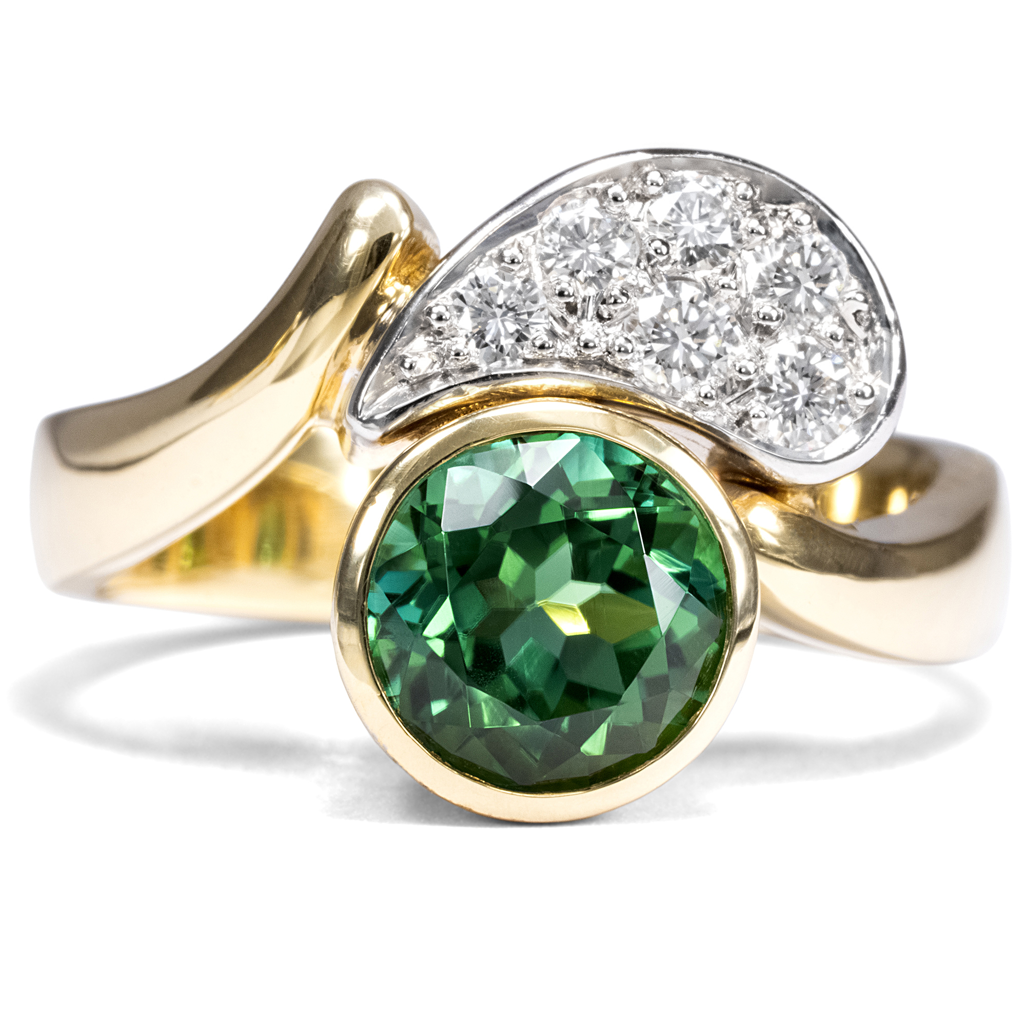 Hand Forged Gold Ring With Green Tourmaline & Diamonds, Circa 1985