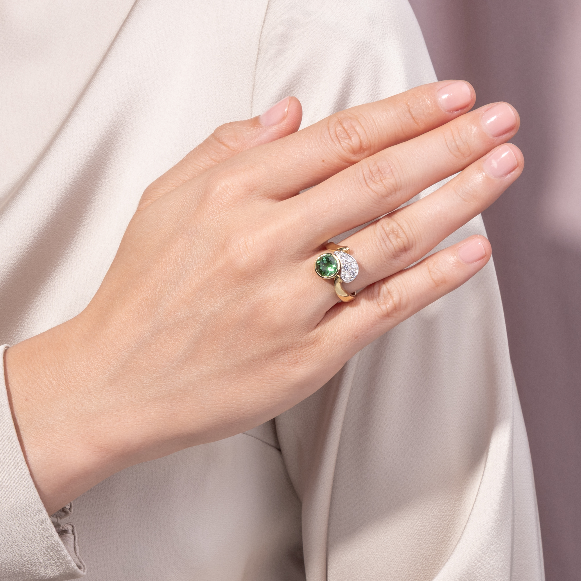 Hand Forged Gold Ring With Green Tourmaline & Diamonds, c. 1985 Hand Forged Gold Ring With Green Tourmaline & Diamonds, c. 1985