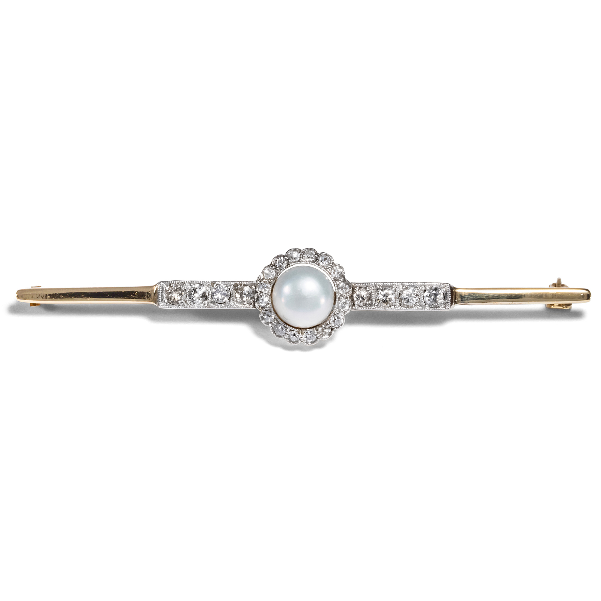 Elegant Bar Brooch with Natural Pearl & Diamonds in Gold & Platinum, circa 1925