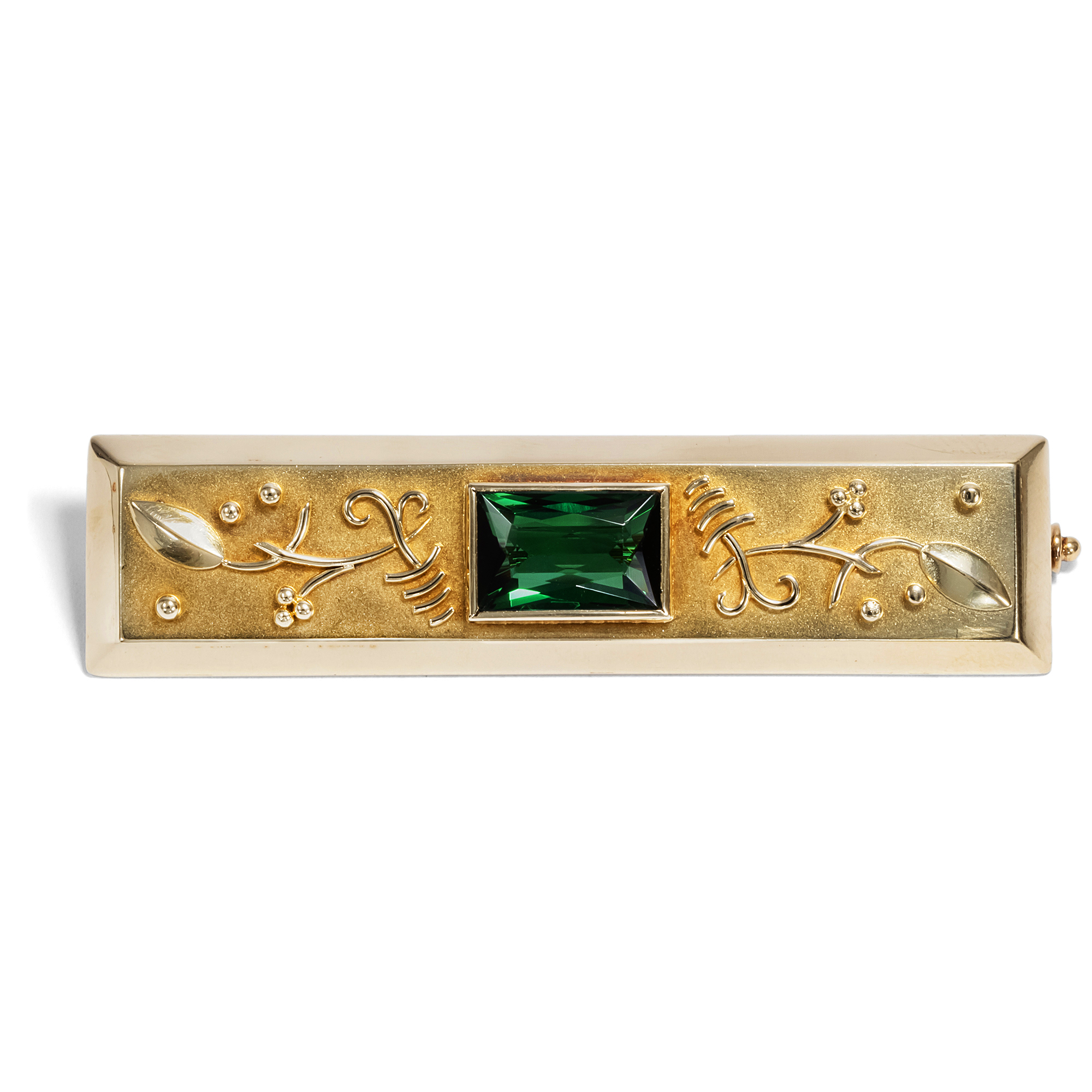 Antique Brooch with Natural Tourmaline In Gold, Germany ca. 1930