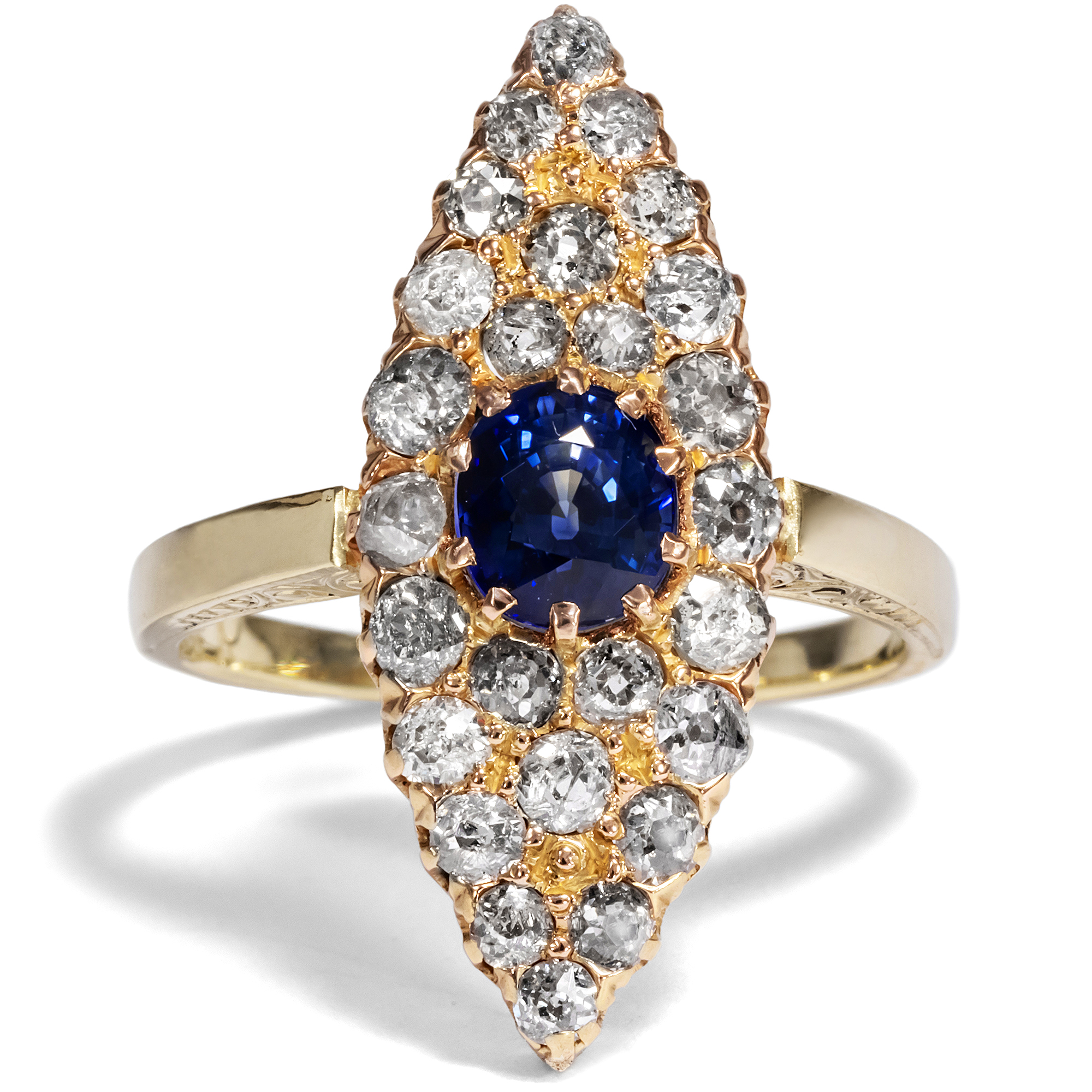 Antiker Marquise-Ring mit Saphir & Diamanten in Gold, Deutschland um 1895