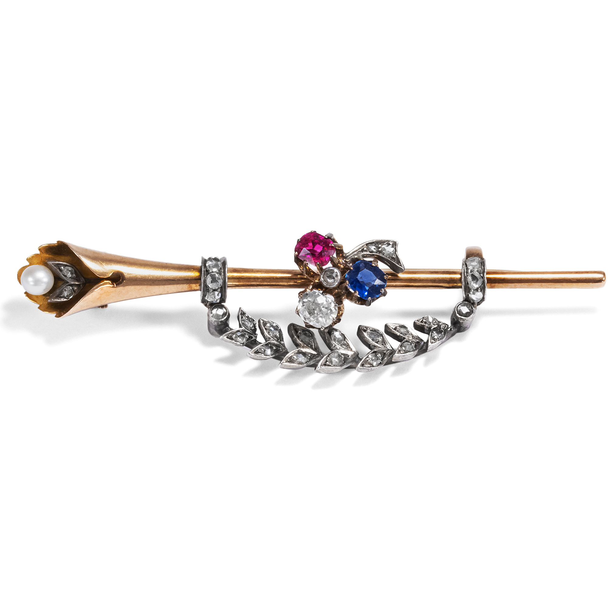 Antique Diamond, Sapphire & Ruby Brooch Made of Gold & Silver, ca. 1890