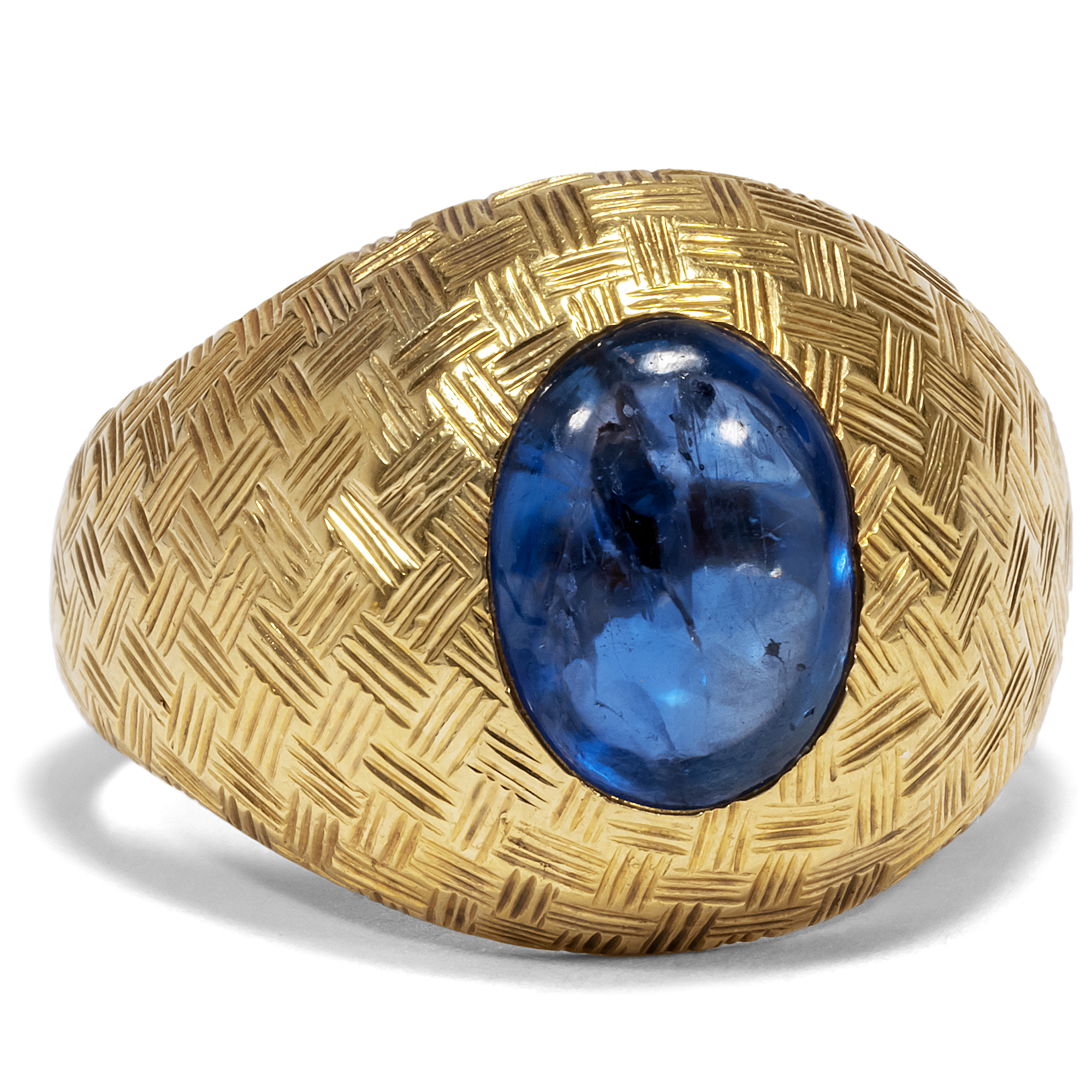 Ungewöhnlicher vintage Ring im Ozier-Design mit Saphir in Gold, um 1960