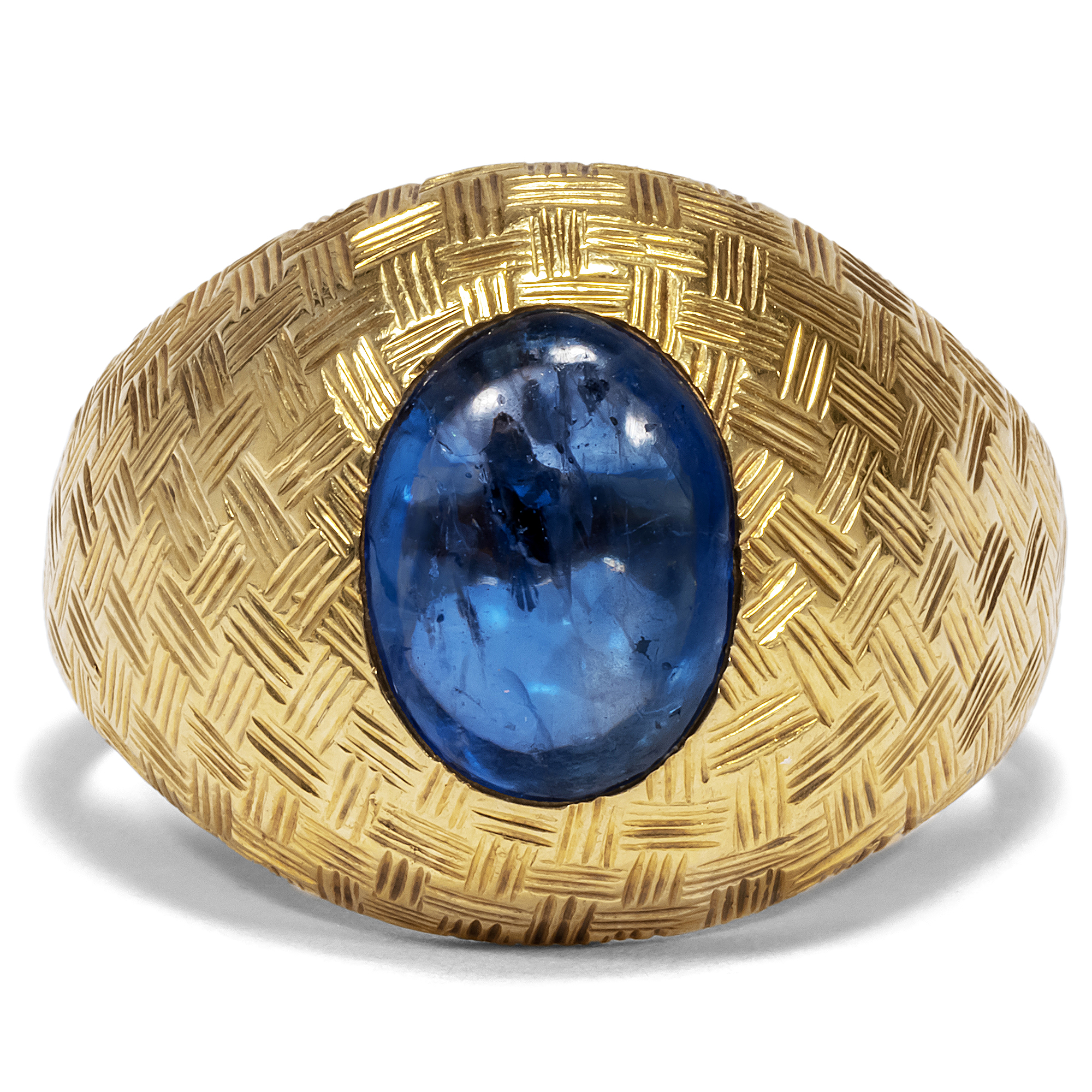 Unusual Vintage Ring in Ozier Design with Sapphire Set in Gold, ca. 1960