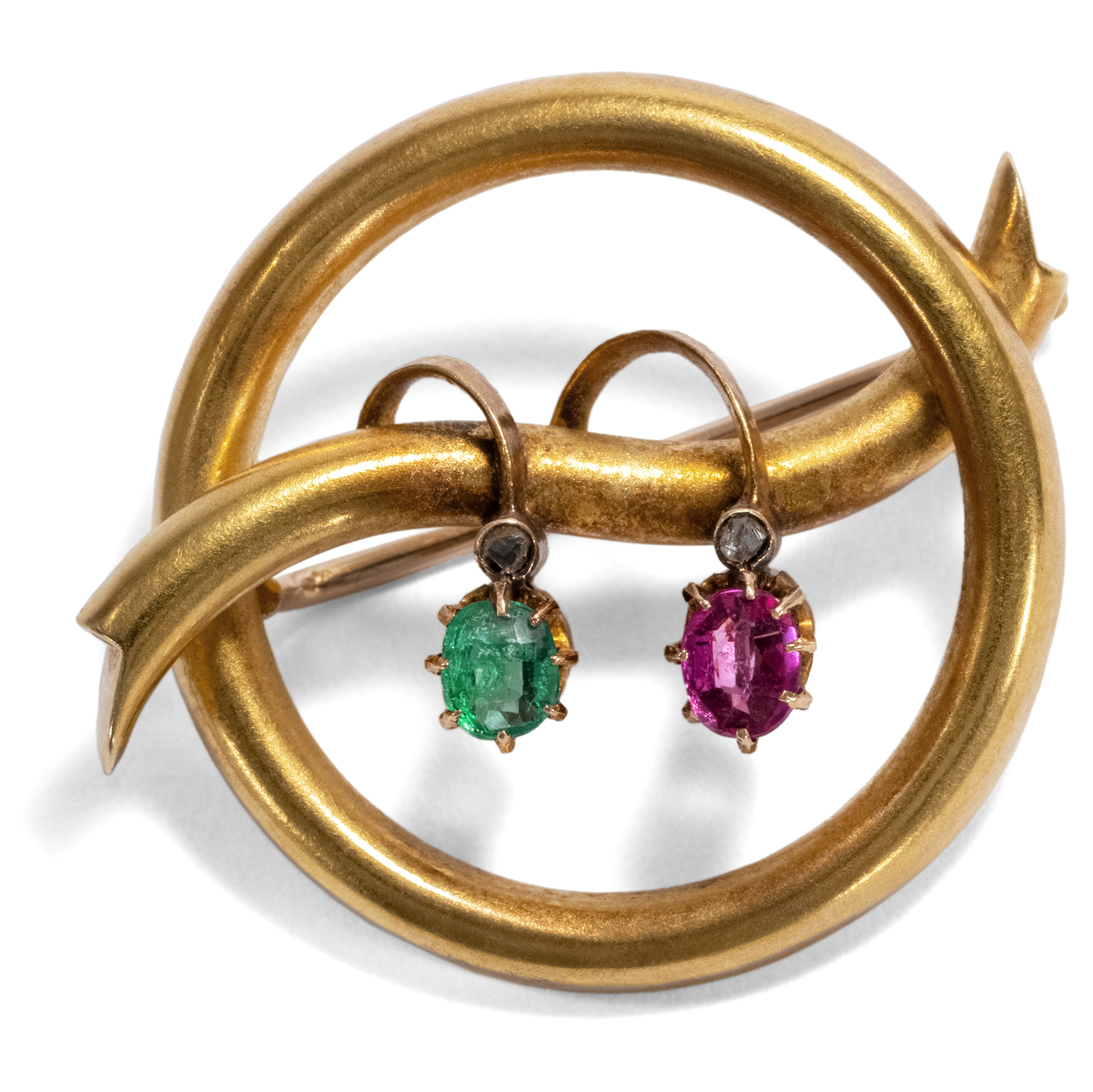 Graphic Art Nouveau Brooch With Ruby & Emerald In Gold, Circa 1900