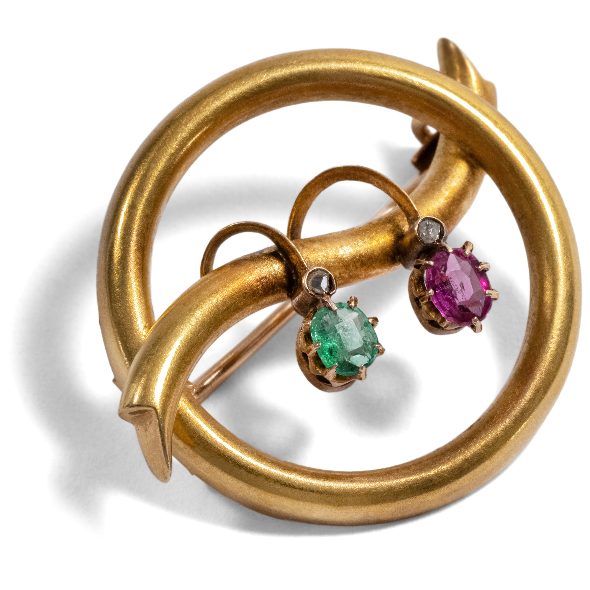 Graphic Art Nouveau Brooch With Ruby & Emerald In Gold, Circa 1900