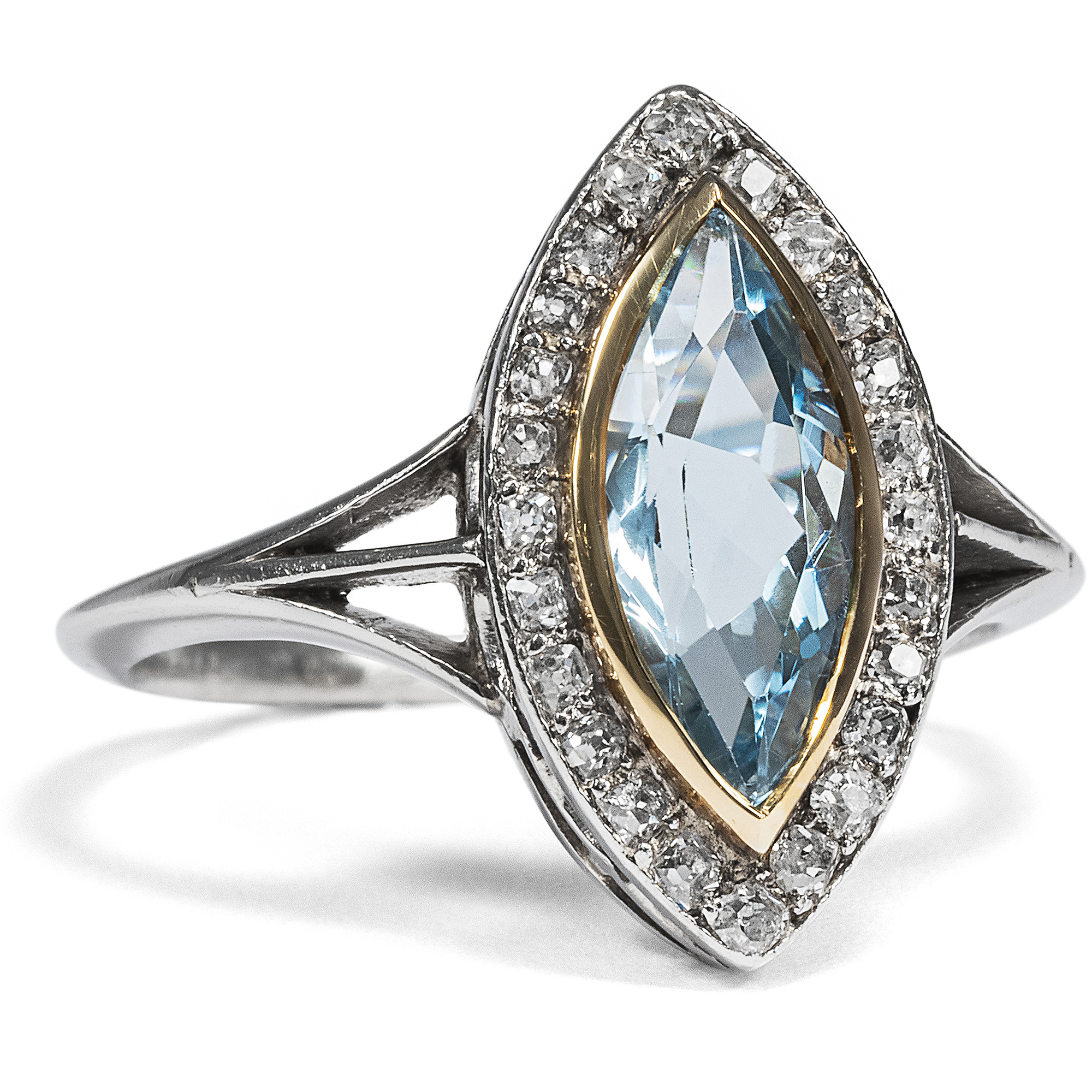 Antique Marquise Ring with Aquamarine & Diamonds in Platinum, ca. 1910