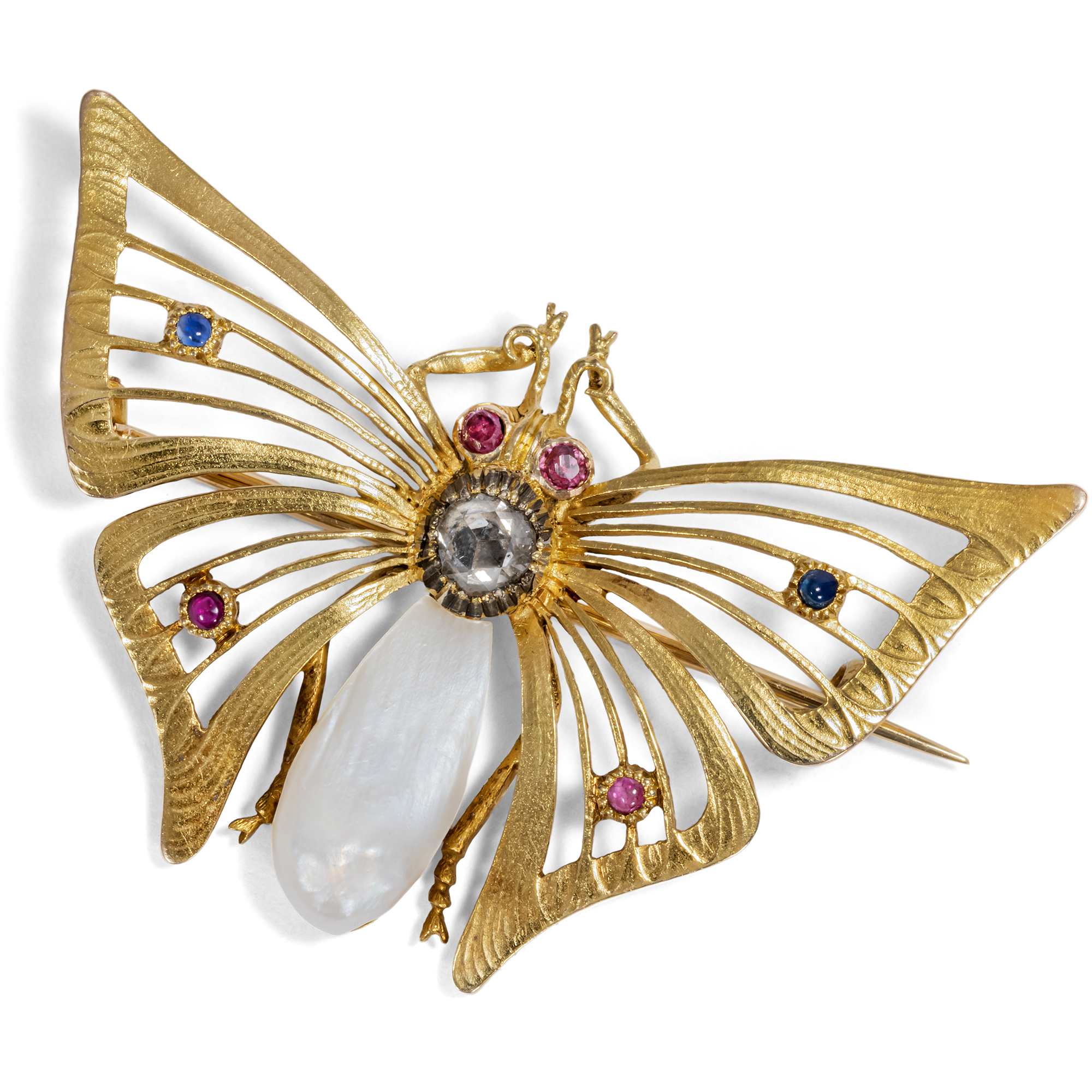 Antique Butterfly Brooch From Gold With Color Stones & Pearl, Around 1900