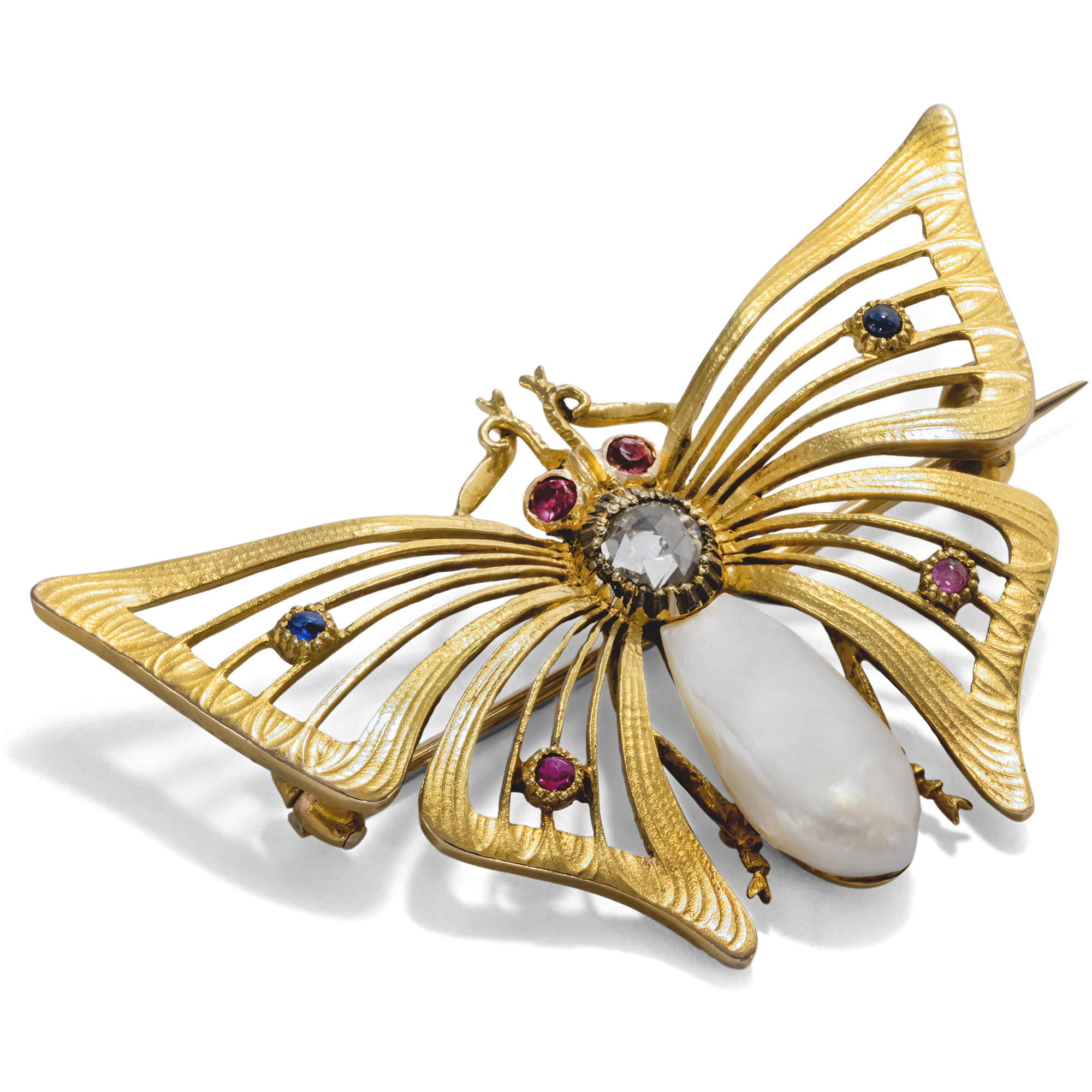 Antique Butterfly Brooch From Gold With Color Stones & Pearl, Around 1900