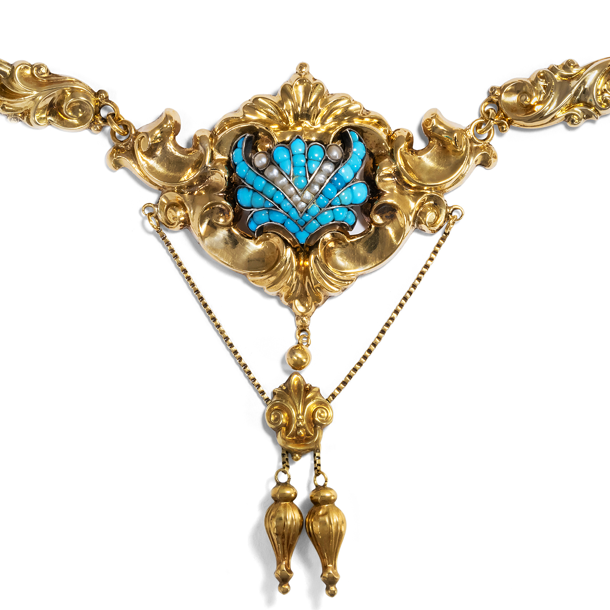 Antikes Collier des Biedermeier mit Türkisen & Perlen in Gold, 1840er Jahre