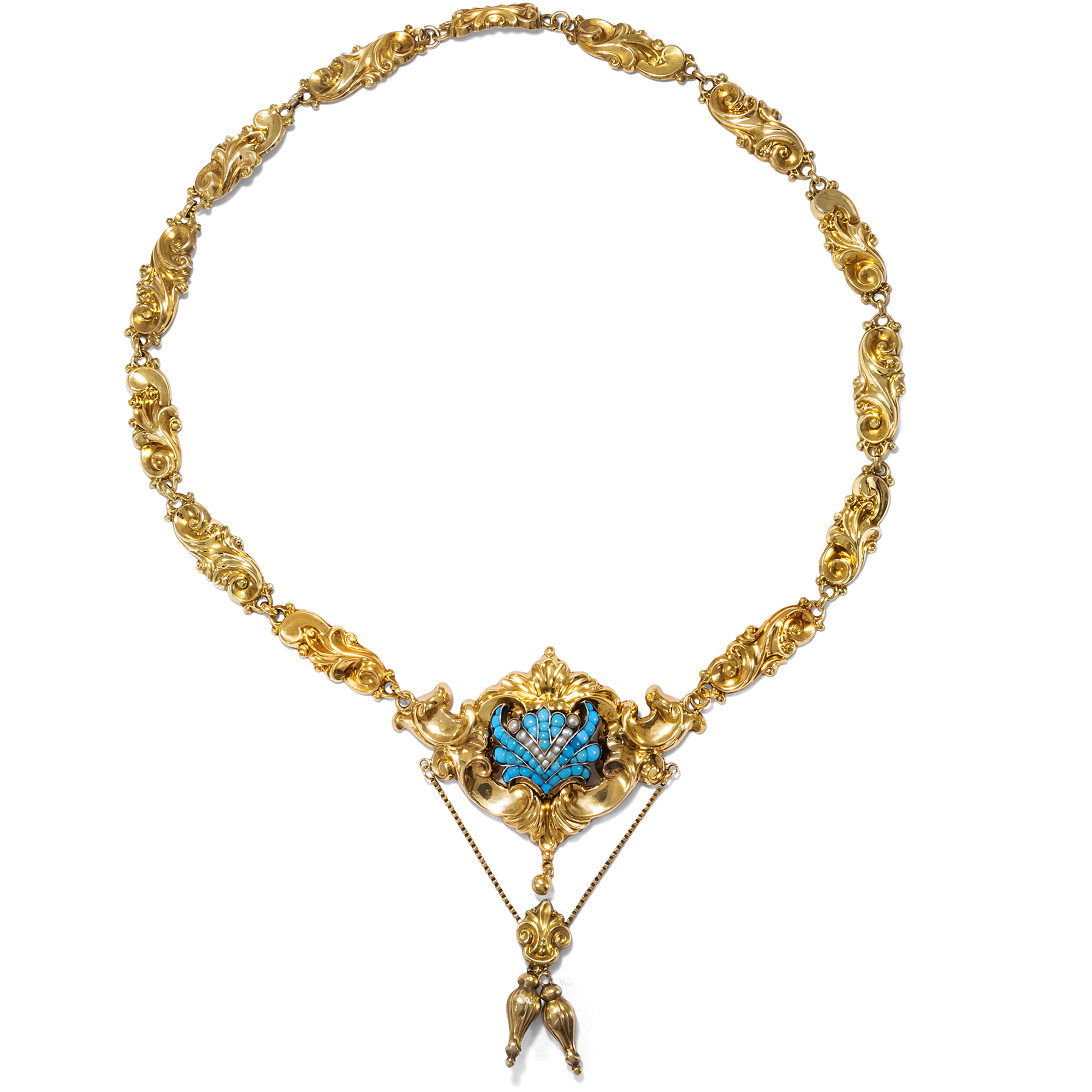 Antikes Collier des Biedermeier mit Türkisen & Perlen in Gold, 1840er Jahre