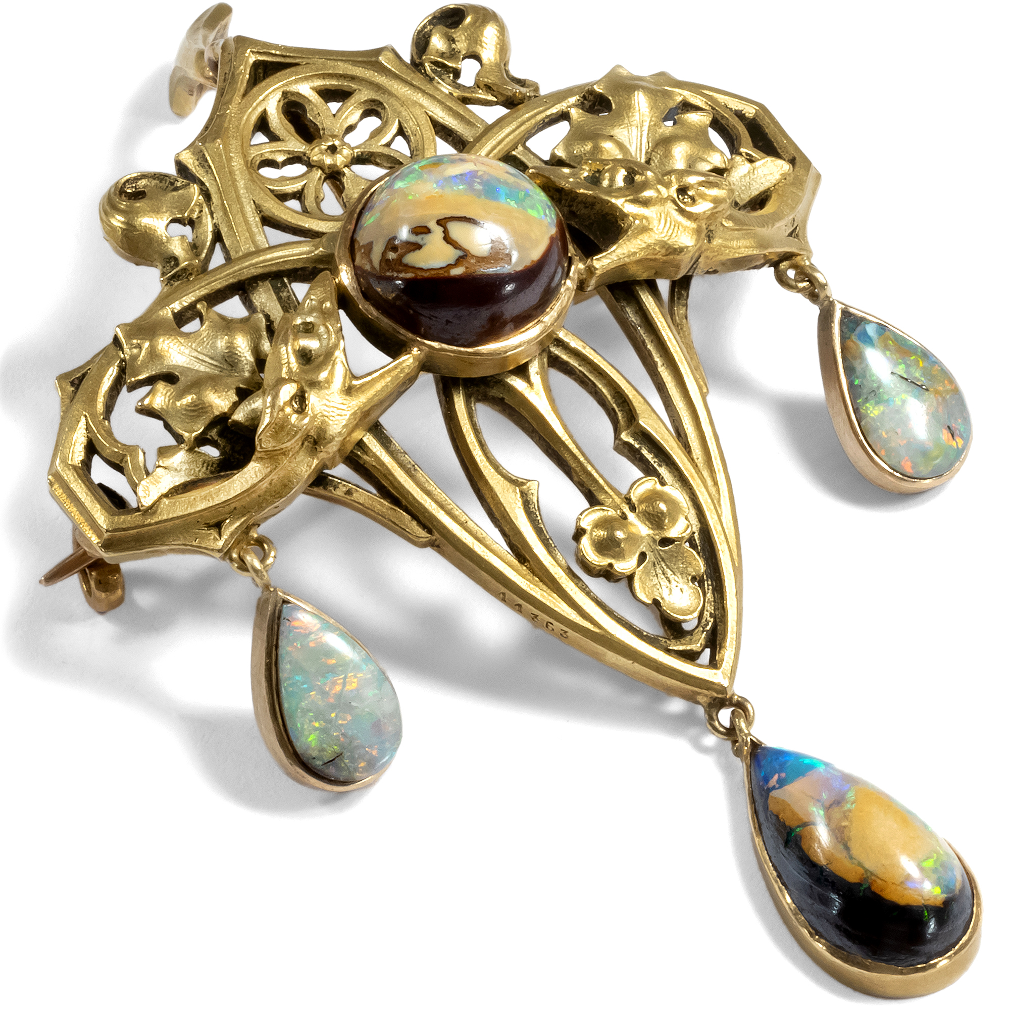 Rare Neo-Gothic Pendant-Brooch with Boulder Opals in Gold, c. 1900
