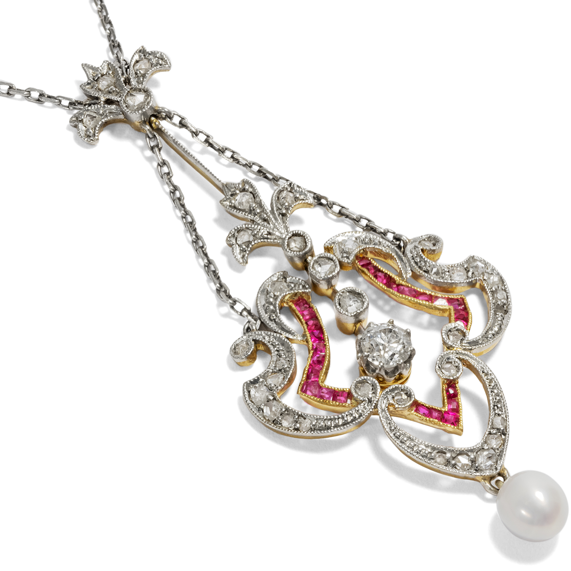 Delicate Necklace with Diamonds, Rubies & Natural Pearl, circa 1910