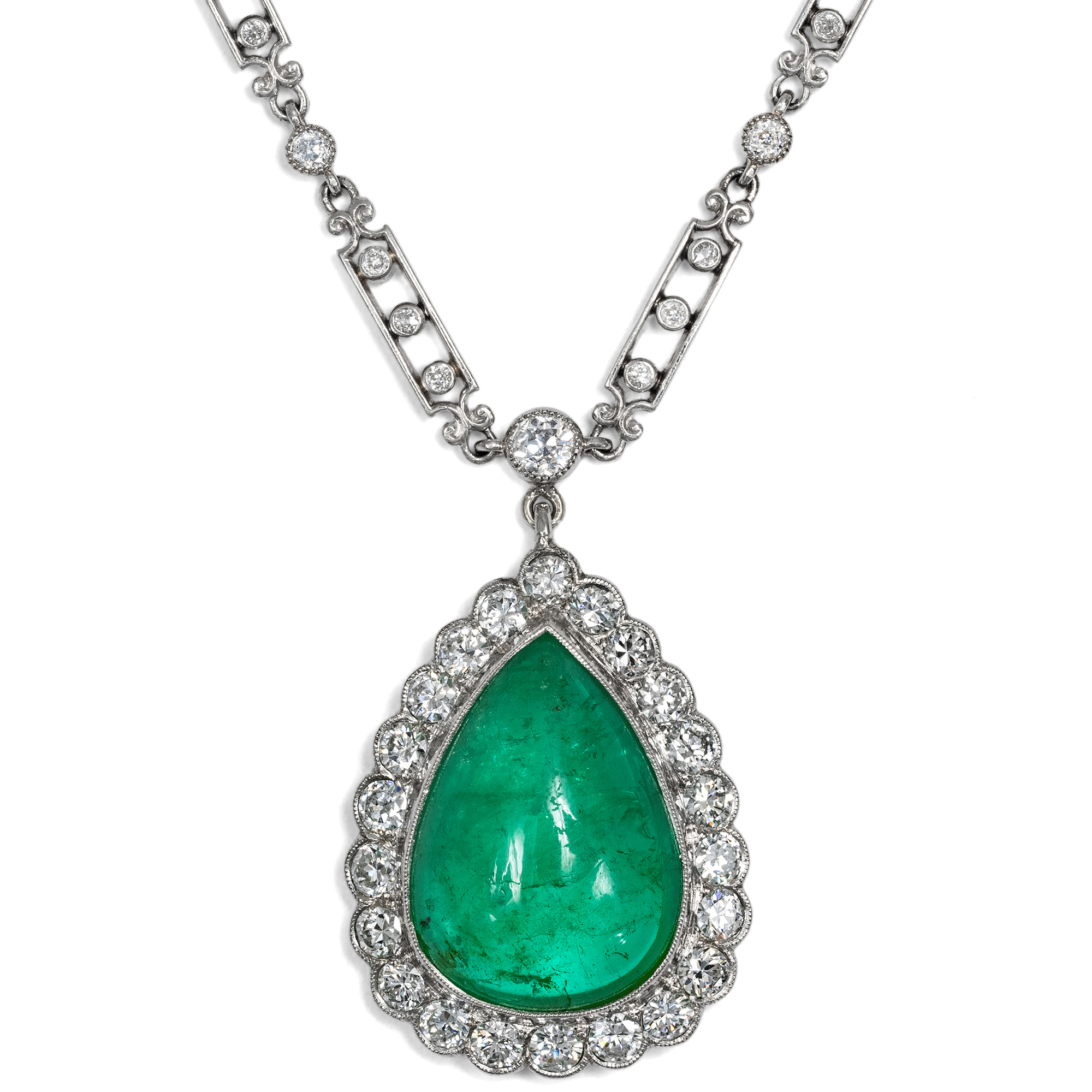 Vintage Pendant With Colombian Emerald & Diamonds on an Antique Platinum Chain, circa 1920 / circa 1960