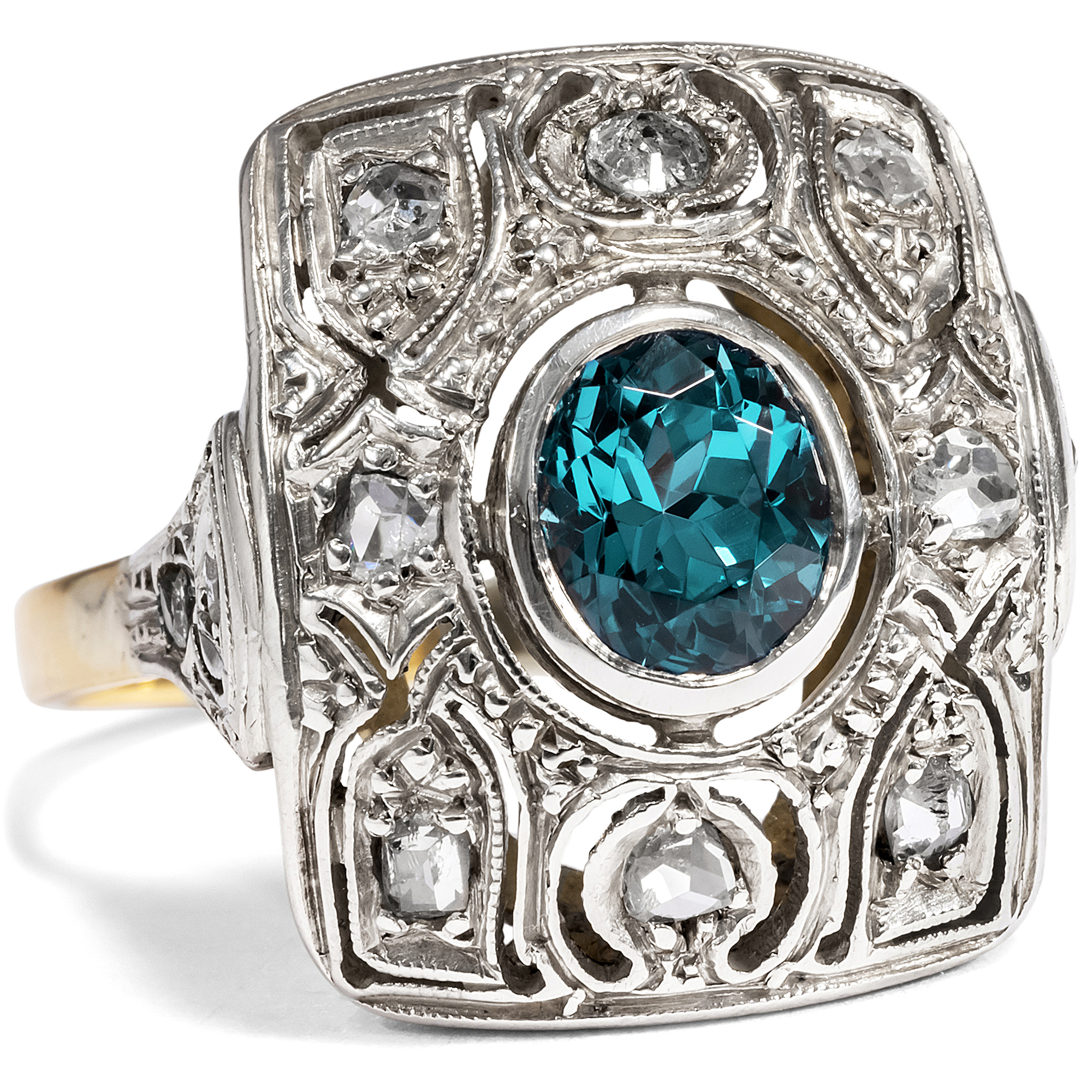 Large Art Deco Ring With Starlit Zircon & Diamonds in Silver & Gold, Circa 1935