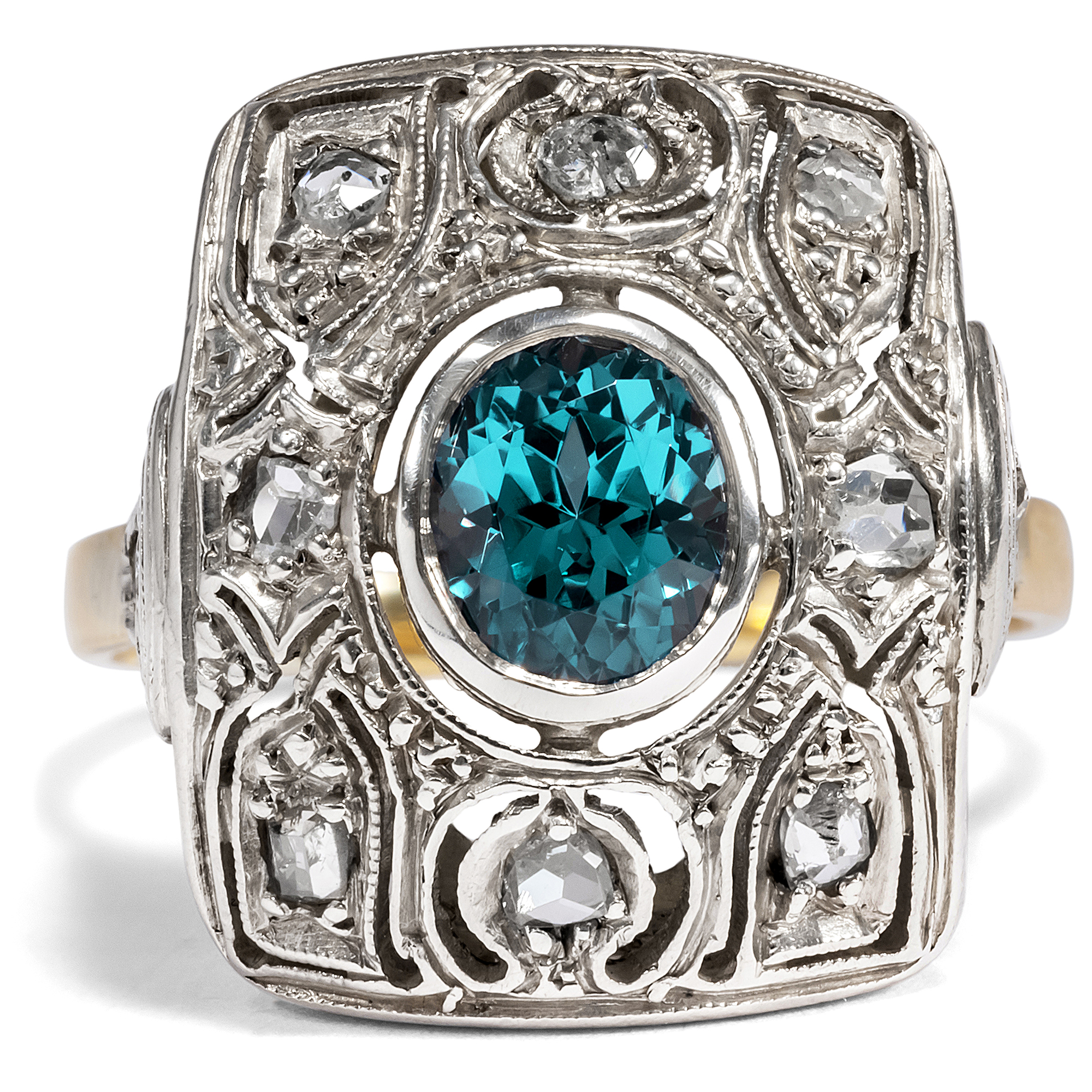 Large Art Deco Ring With Starlit Zircon & Diamonds in Silver & Gold, Circa 1935