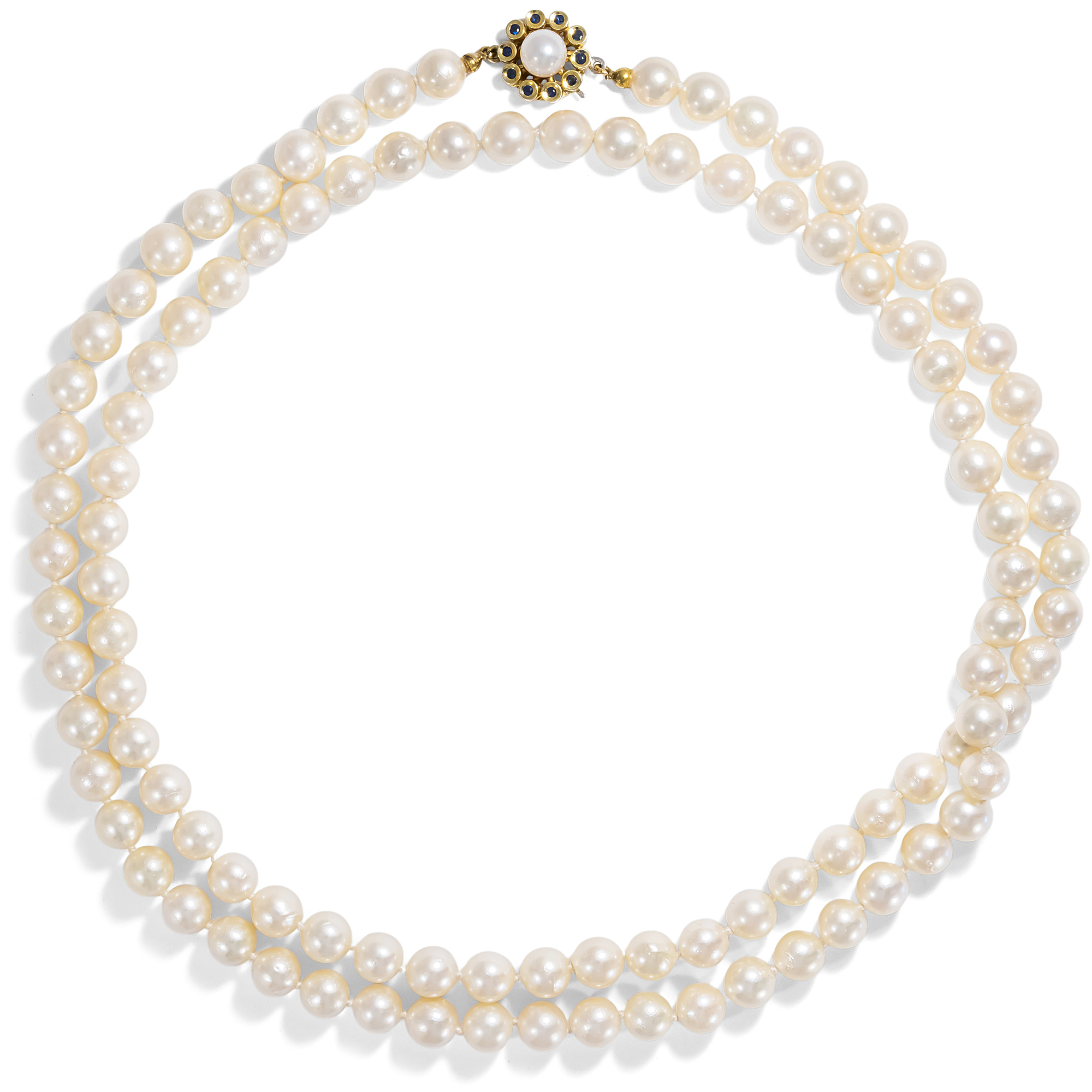 Edle lange vintage Perlenkette mit Saphirschließe aus Gold, um 1980