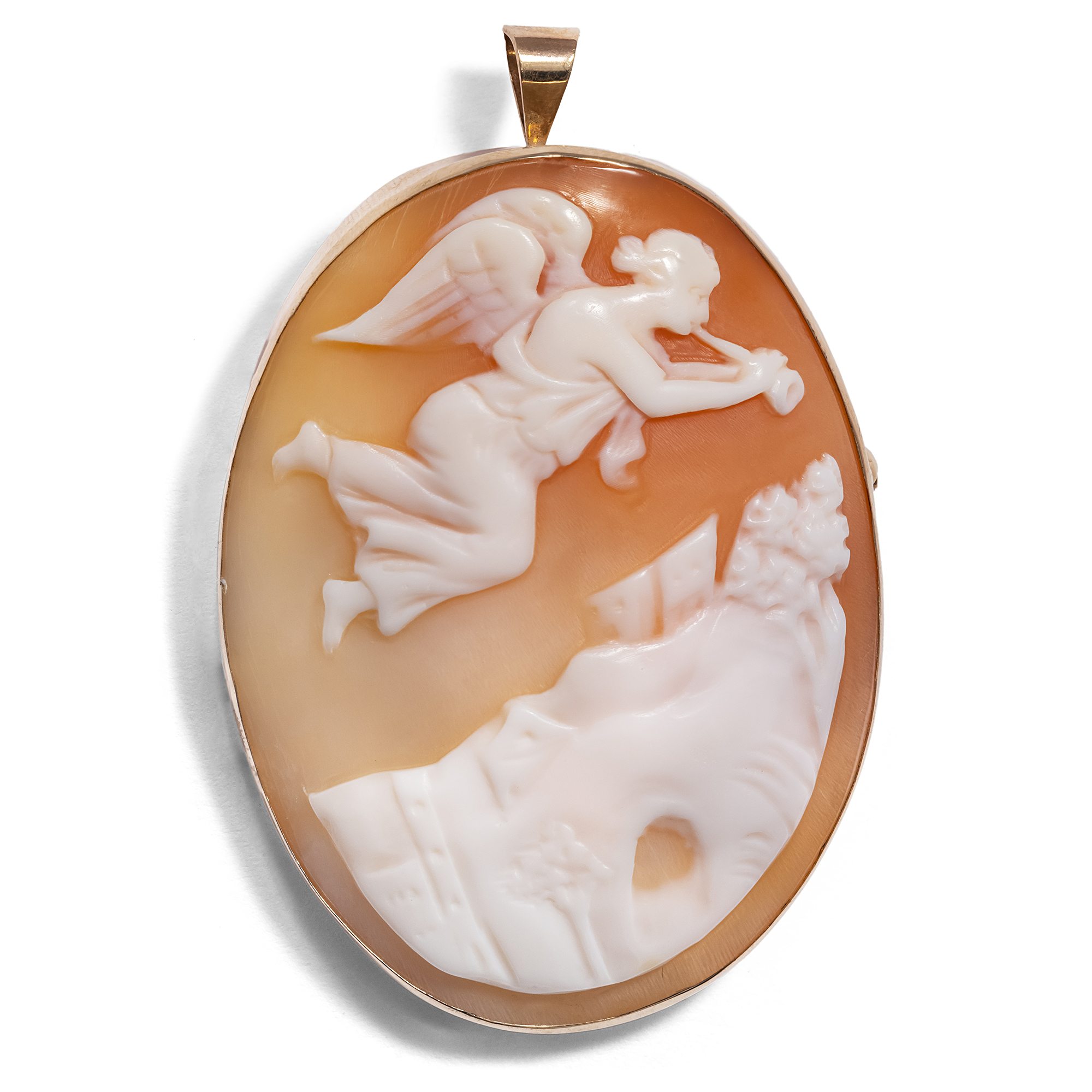 Classic Pendant Brooch with Shell Cameo in Gold, 2nd Half of the 20th Century
