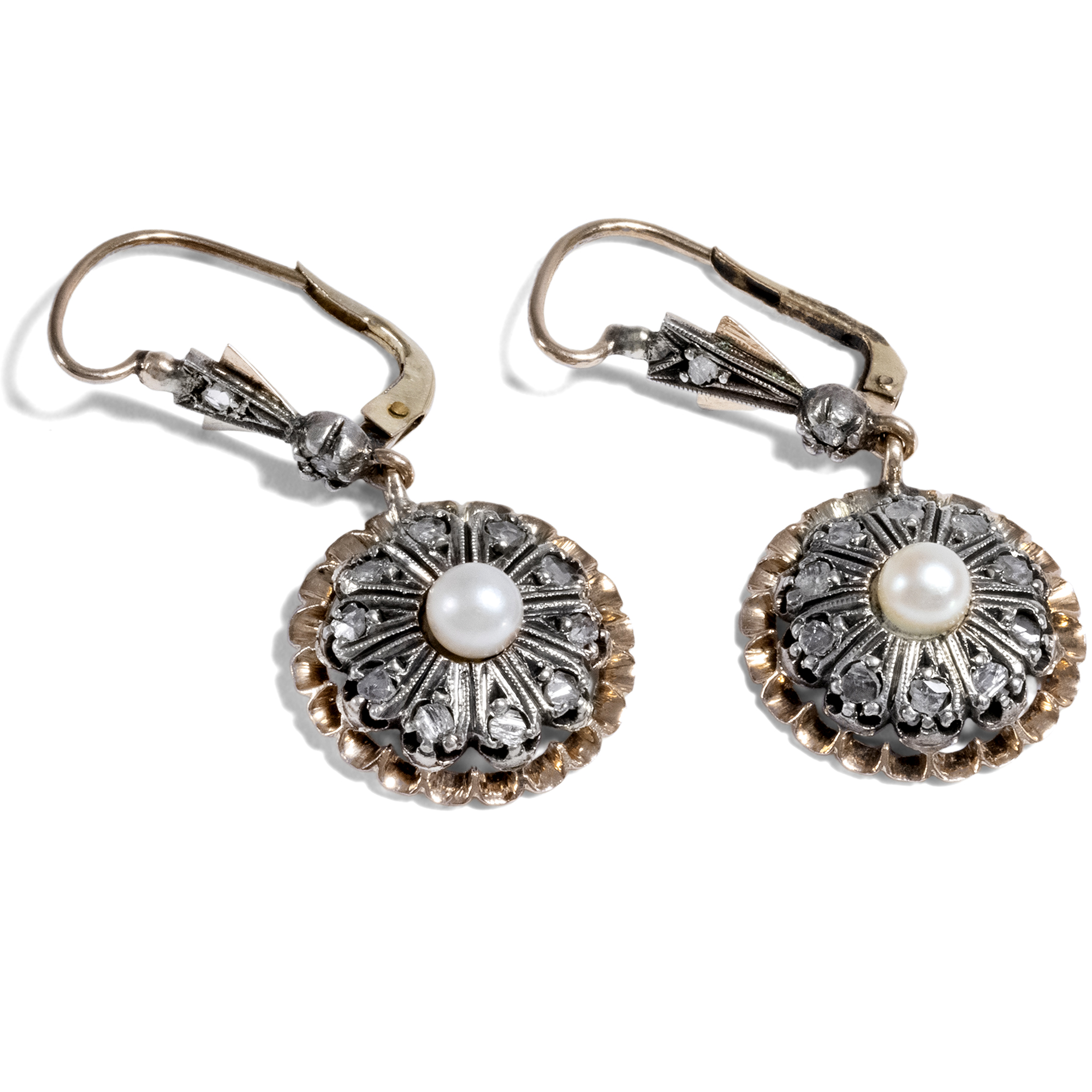 Long Vintage Earrings with Pearls & Diamonds in Gold & Silver, circa 1950s